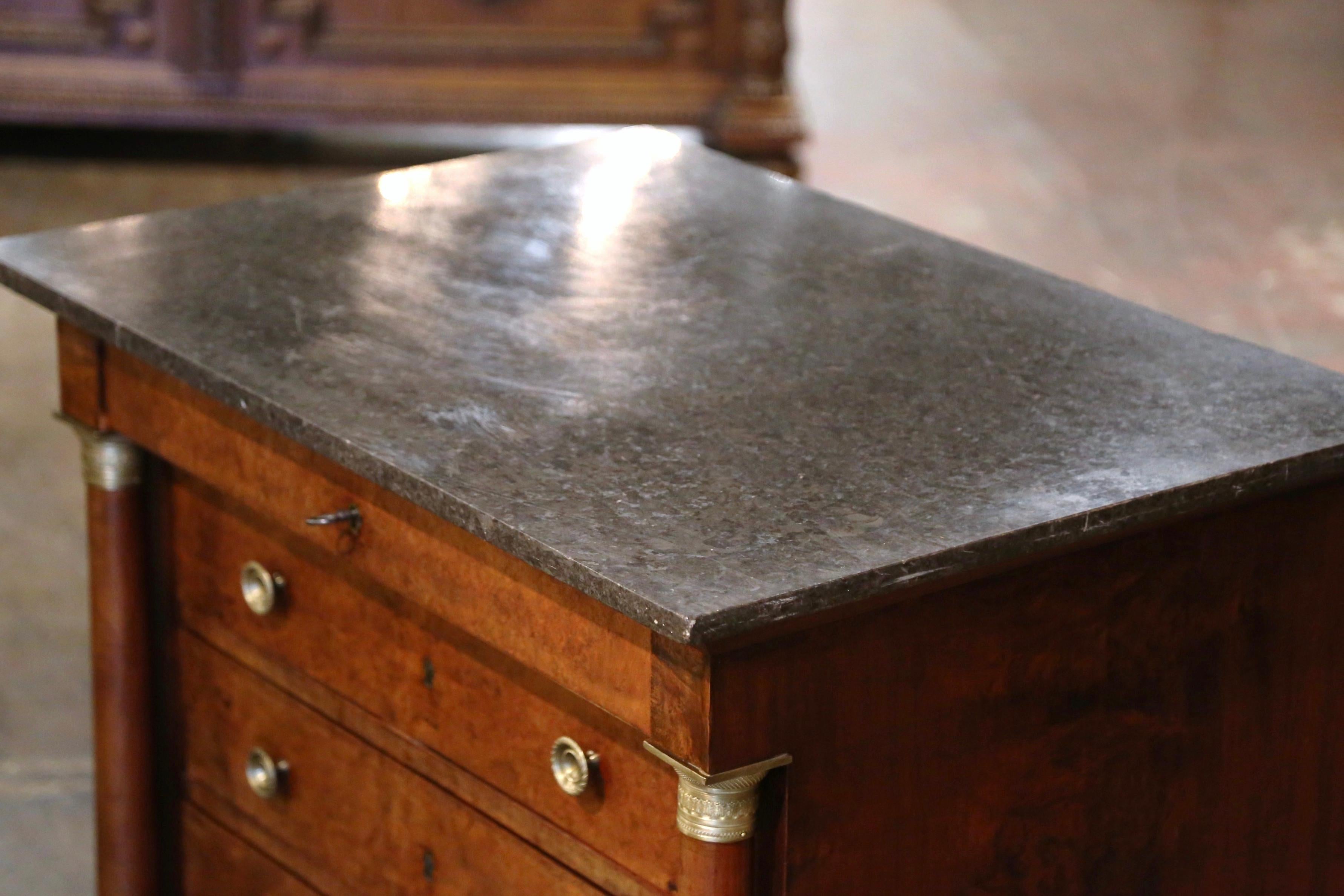 19th Century French Empire Marble Top Carved Veneer Elm Commode Chest of Drawers For Sale 9