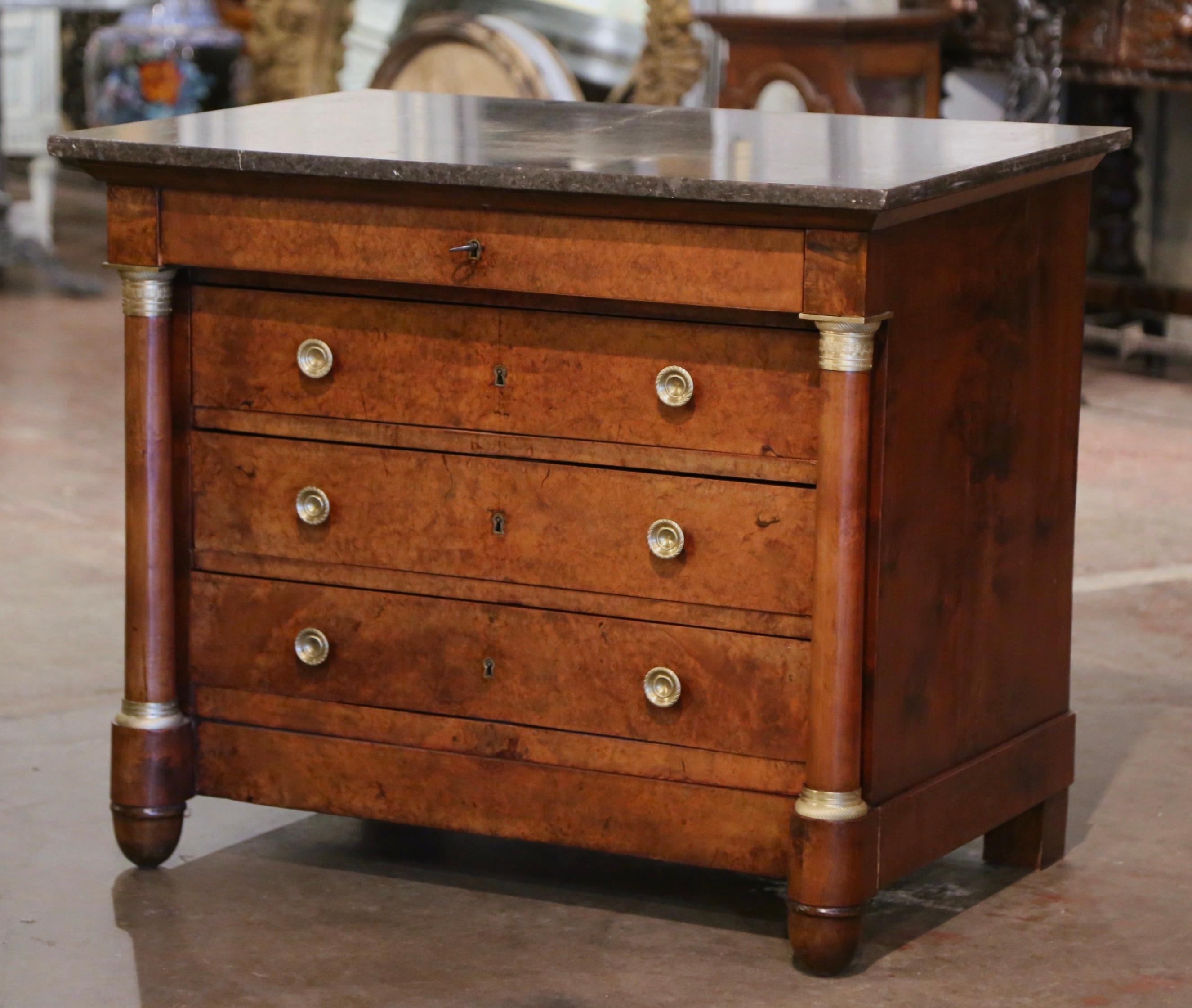Bronze 19th Century French Empire Marble Top Carved Veneer Elm Commode Chest of Drawers For Sale