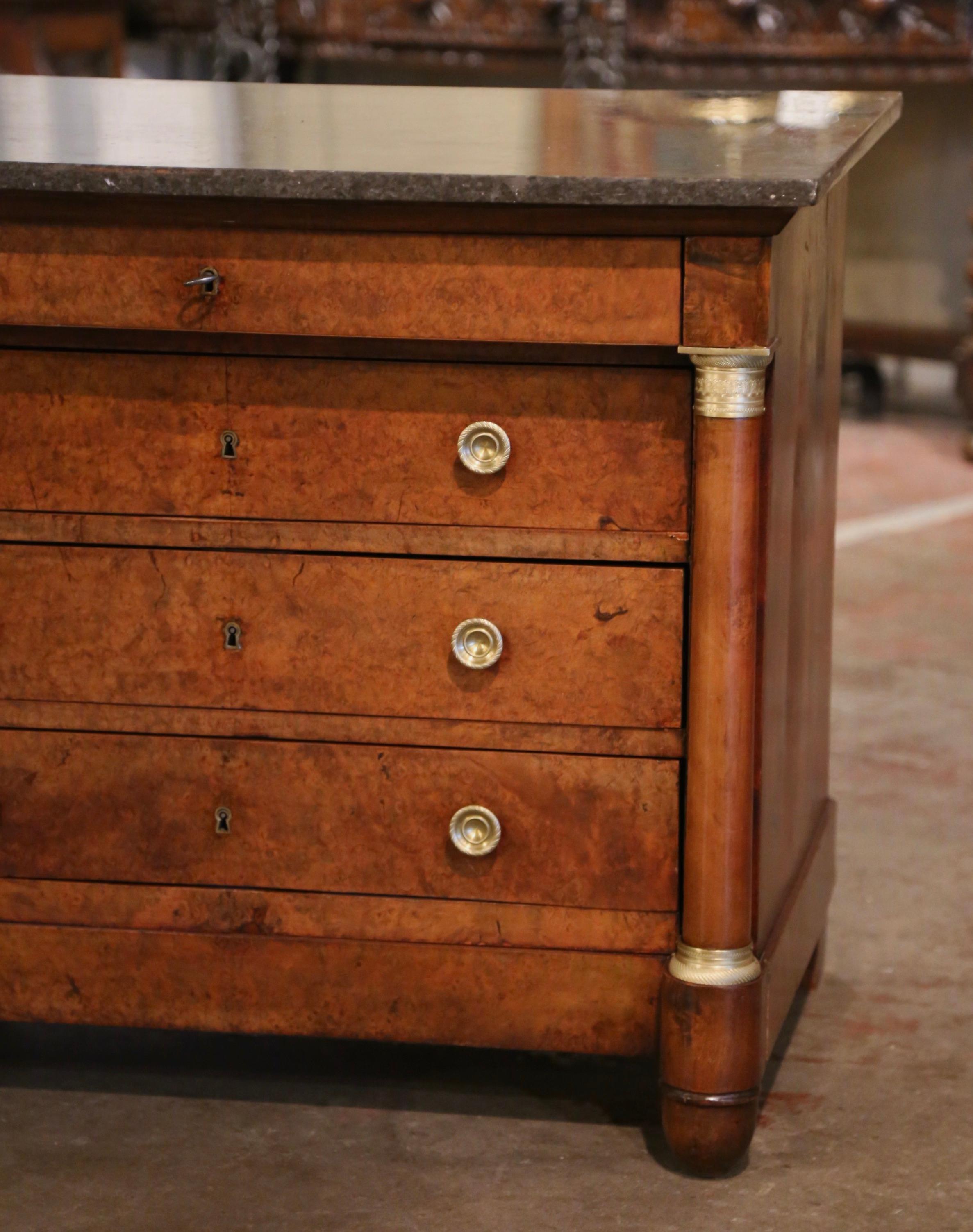 19th Century French Empire Marble Top Carved Veneer Elm Commode Chest of Drawers For Sale 1