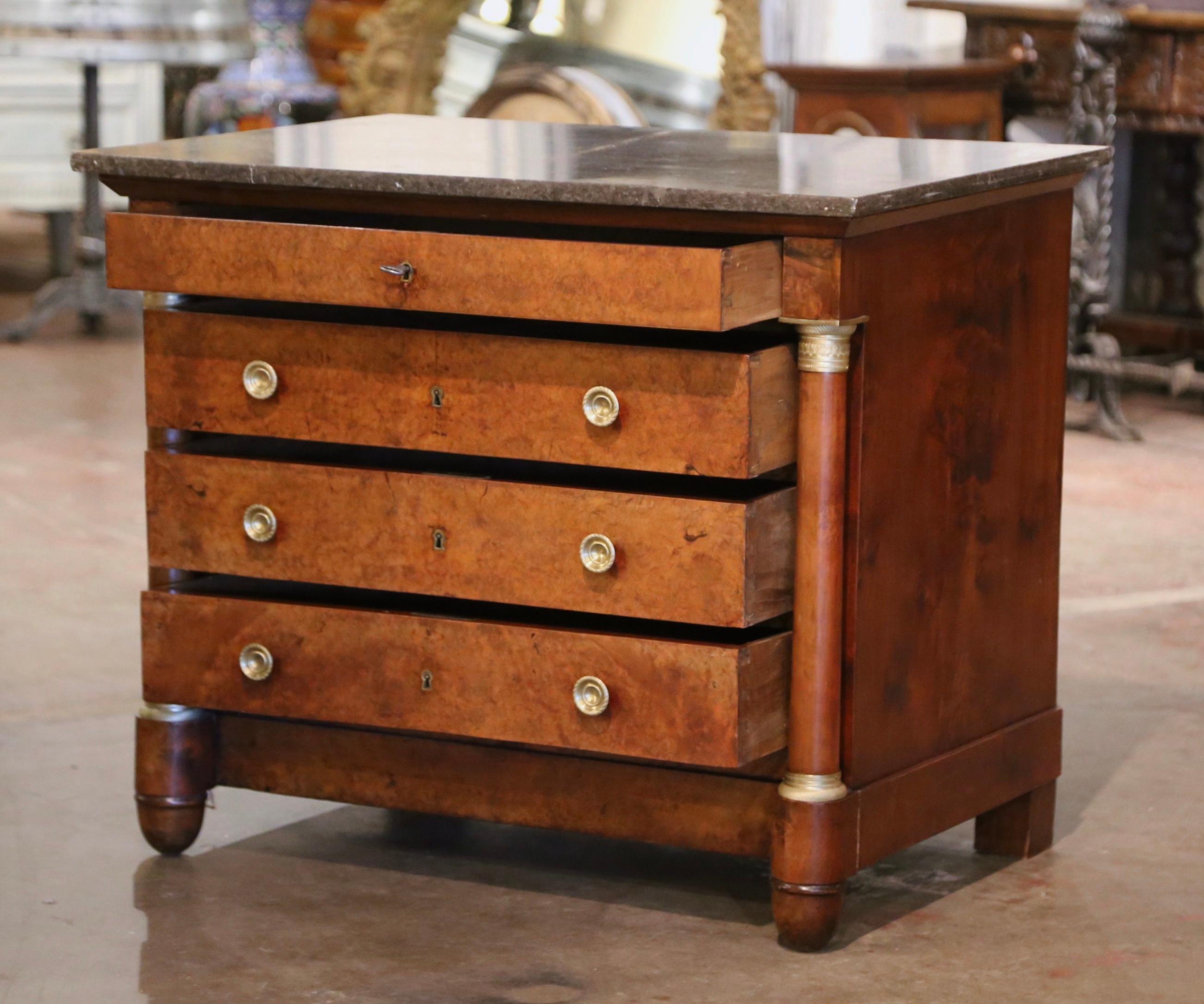 19th Century French Empire Marble Top Carved Veneer Elm Commode Chest of Drawers For Sale 2