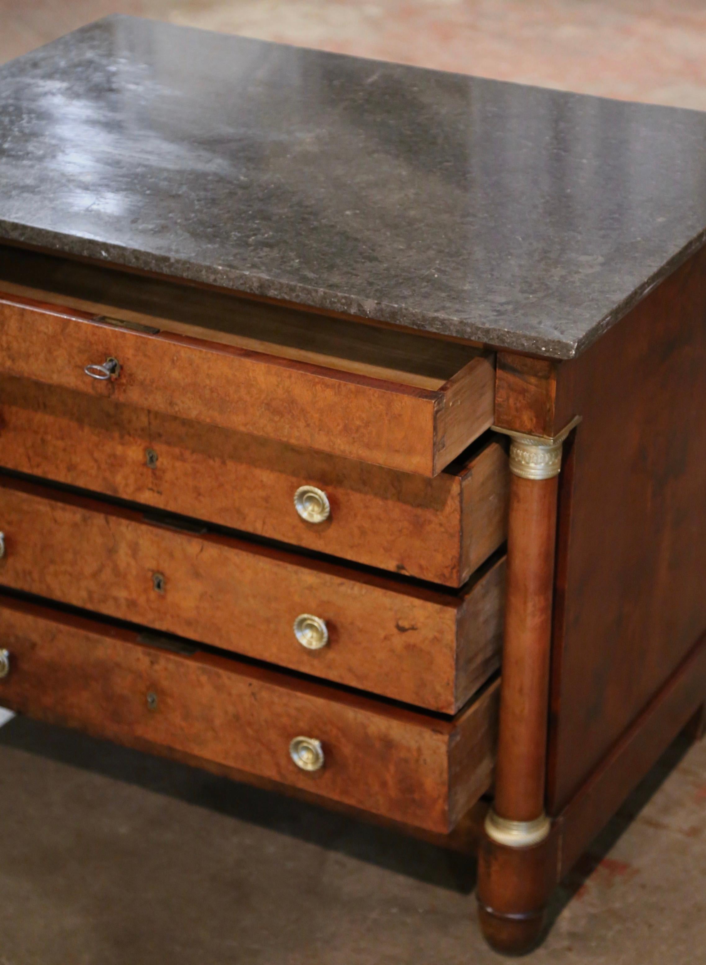 19th Century French Empire Marble Top Carved Veneer Elm Commode Chest of Drawers For Sale 4