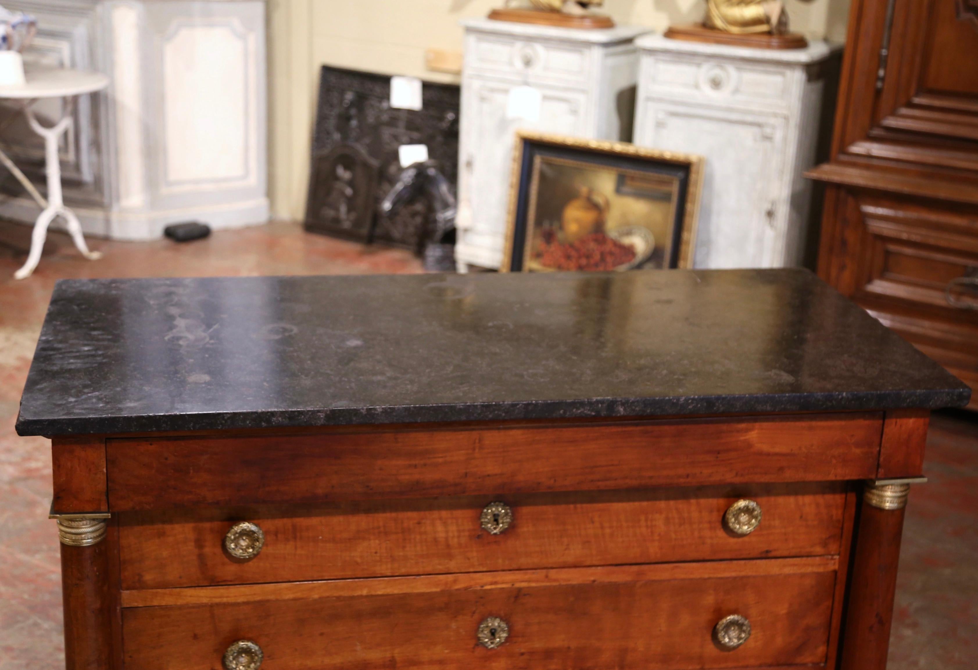 19th Century French Empire Marble Top Carved Walnut Commode Chest of Drawers For Sale 5