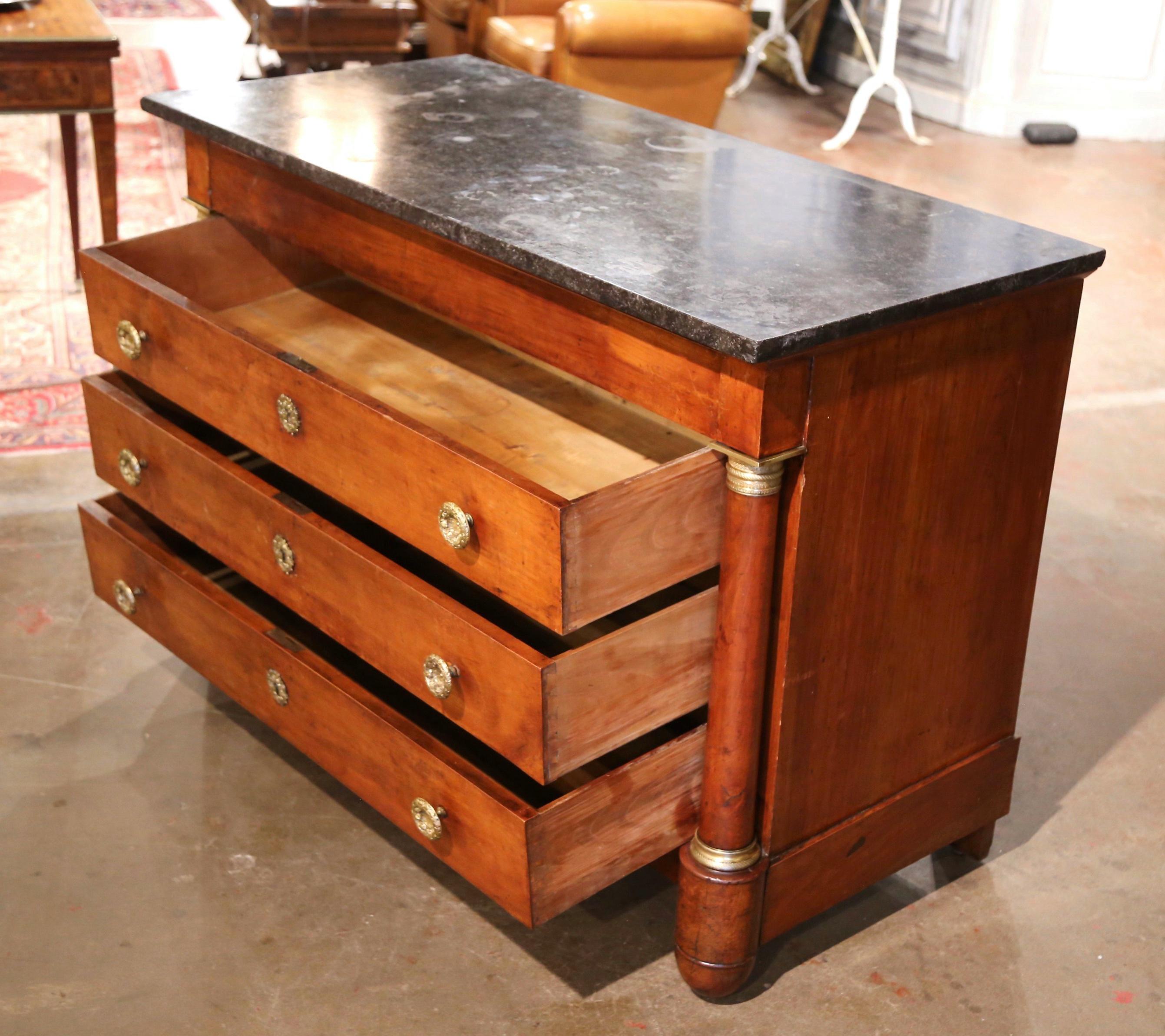19th Century French Empire Marble Top Carved Walnut Commode Chest of Drawers For Sale 7