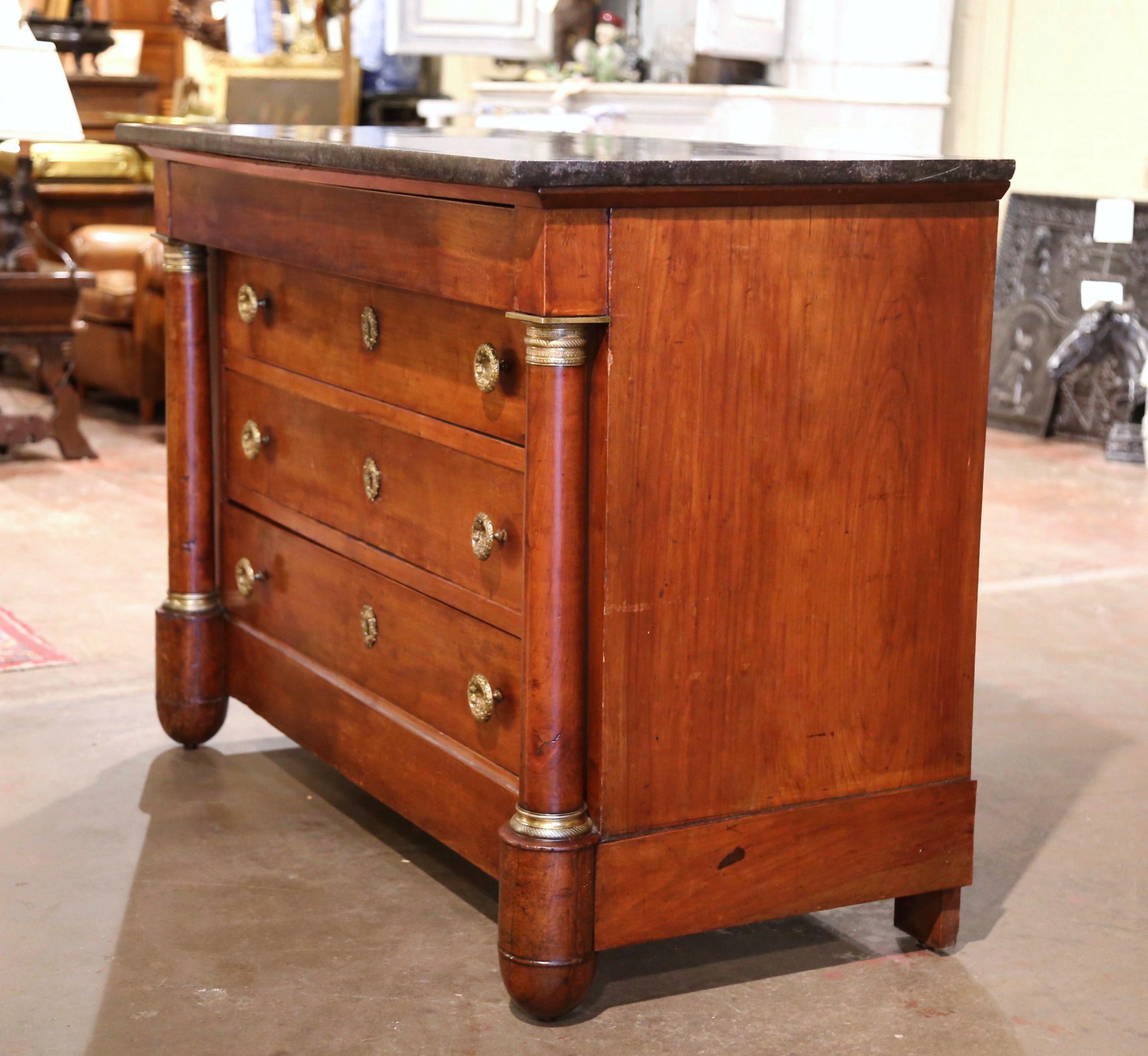 Hand-Carved 19th Century French Empire Marble Top Carved Walnut Commode Chest of Drawers For Sale