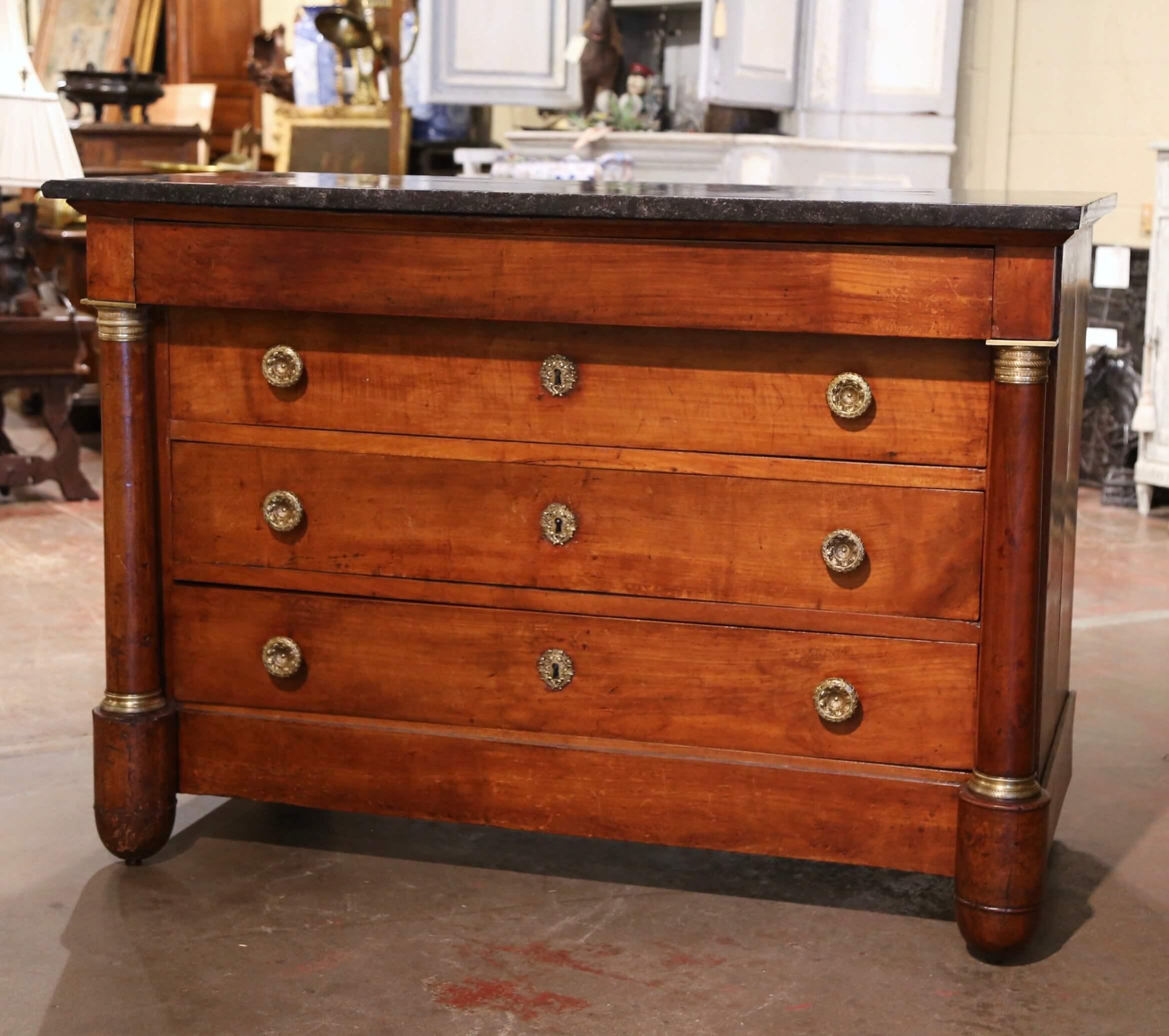 Bronze 19th Century French Empire Marble Top Carved Walnut Commode Chest of Drawers For Sale