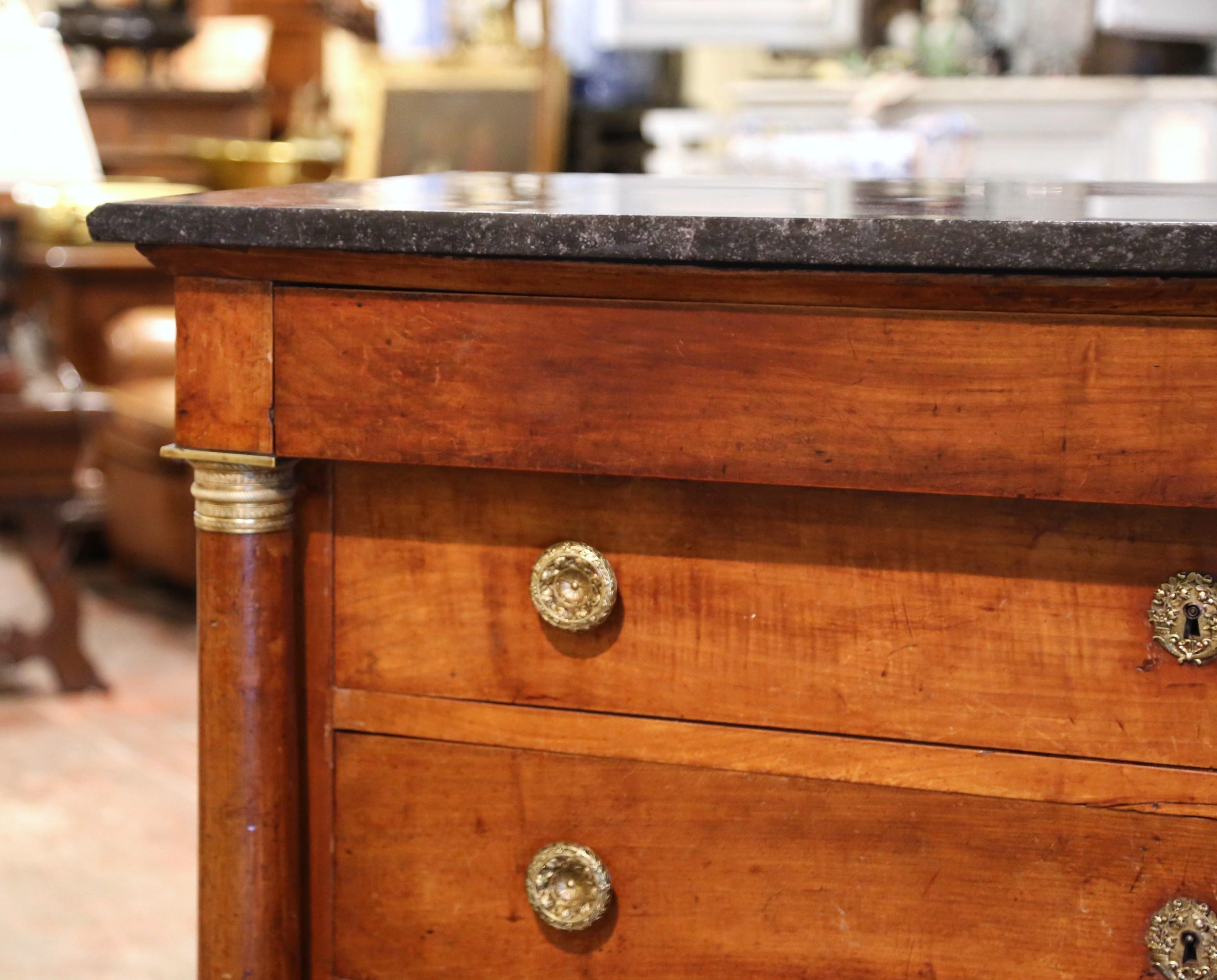 19th Century French Empire Marble Top Carved Walnut Commode Chest of Drawers For Sale 1