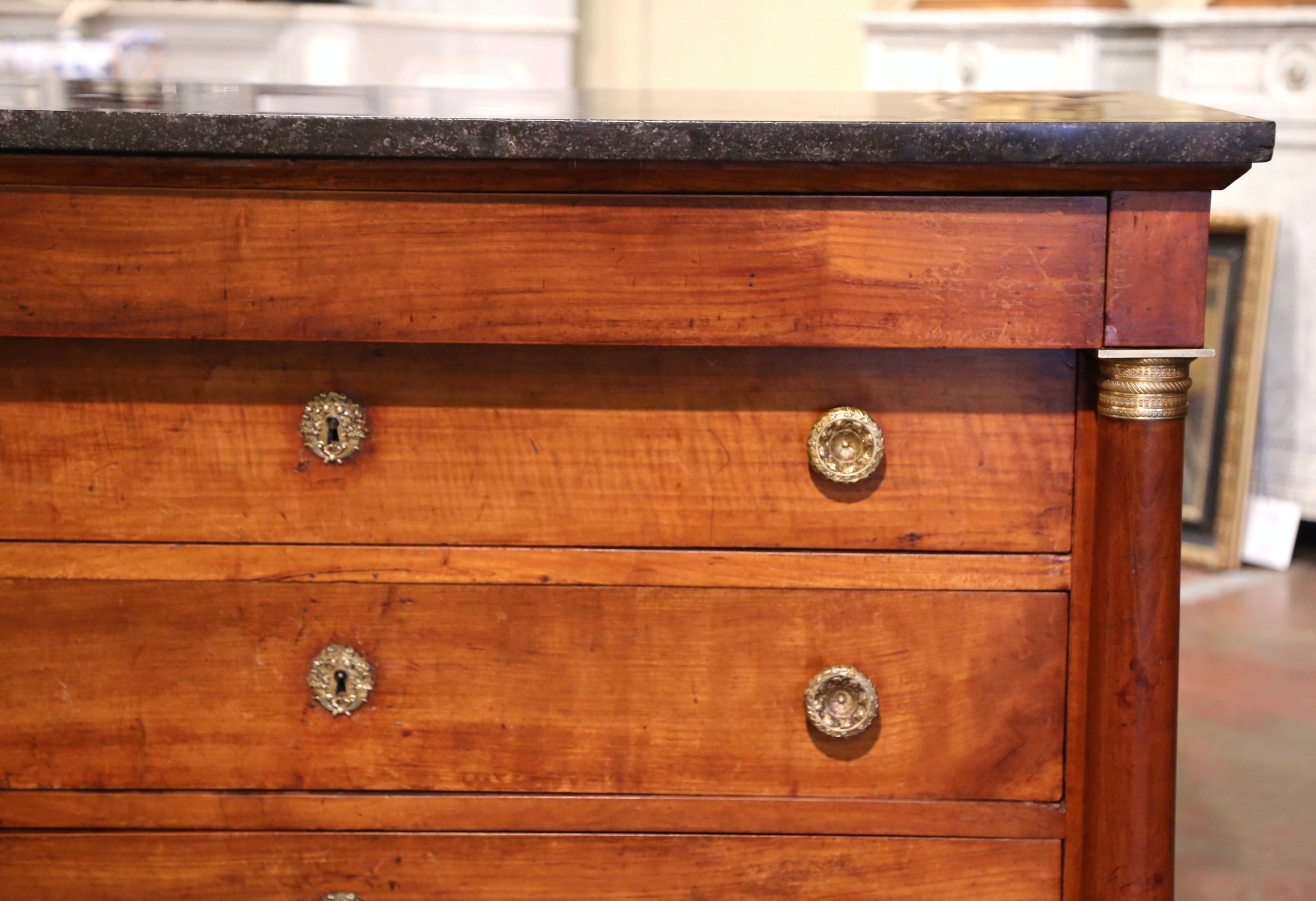 19th Century French Empire Marble Top Carved Walnut Commode Chest of Drawers For Sale 2