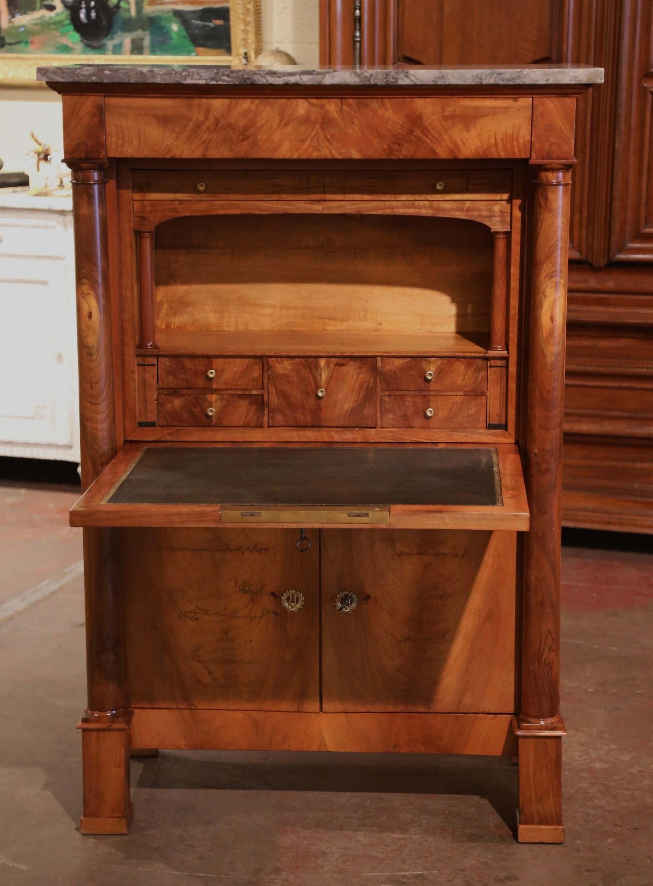 19th Century French Empire Marble Top Carved Walnut Secretary Cabinet In Excellent Condition In Dallas, TX
