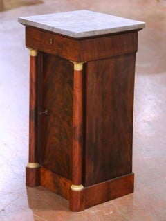 19th Century French Empire Marble Top Carved Walnut Vanity Cabinet with Mirror