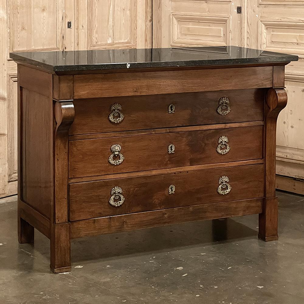 19th Century French Empire marble top commode is a superlative example of fine craftsmanship during a most interesting period of French history under the influence of Napoleon III, the last monarch. Featuring a tailored neoclassical architecture, it