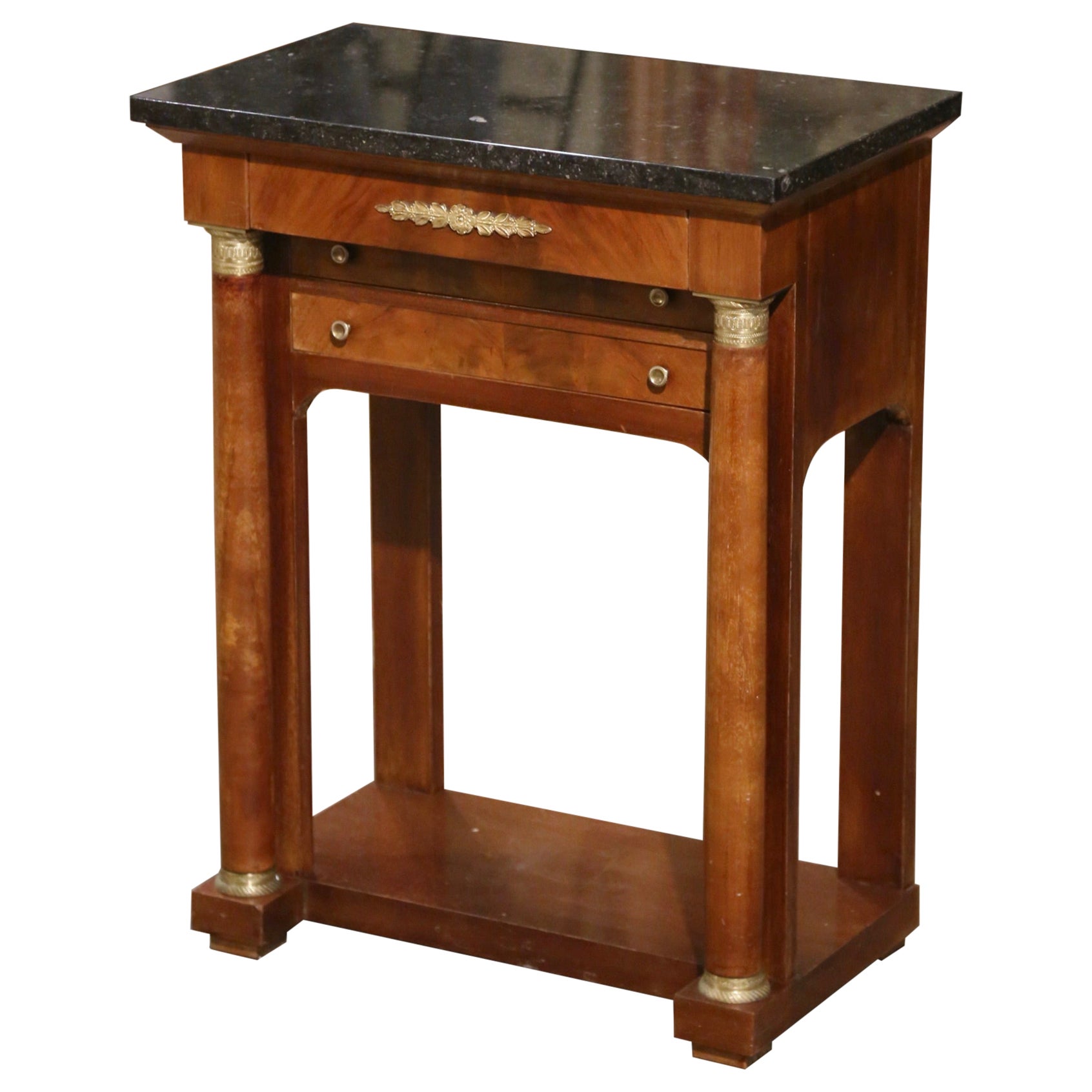19th Century French Empire Marble Top Mahogany Bedside Table Chest of Drawers