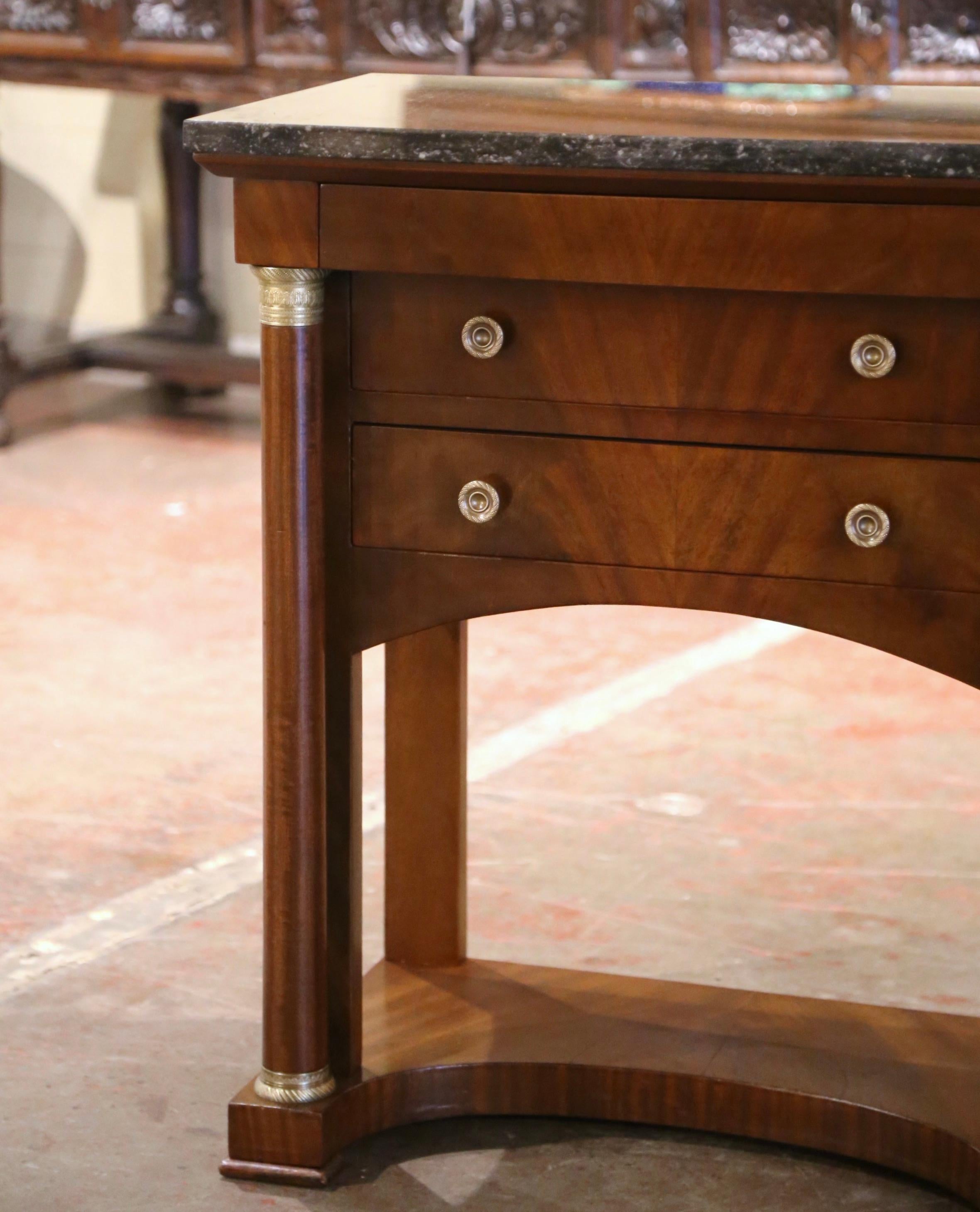 Hand-Crafted 19th Century French Empire Marble Top Mahogany Bedside Table with Drawers For Sale