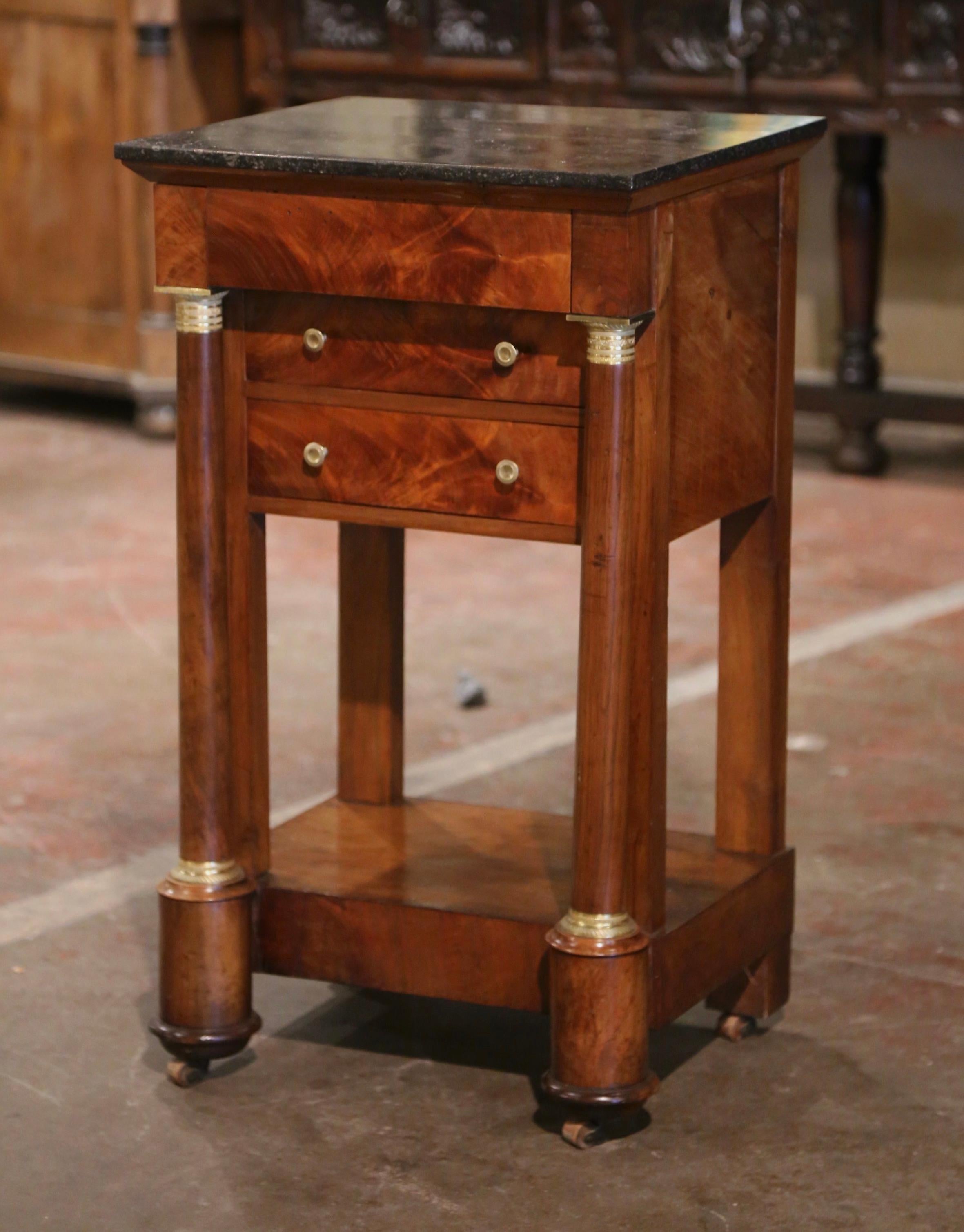 19th Century French Empire Marble Top Mahogany Bedside Table with Drawers In Excellent Condition In Dallas, TX
