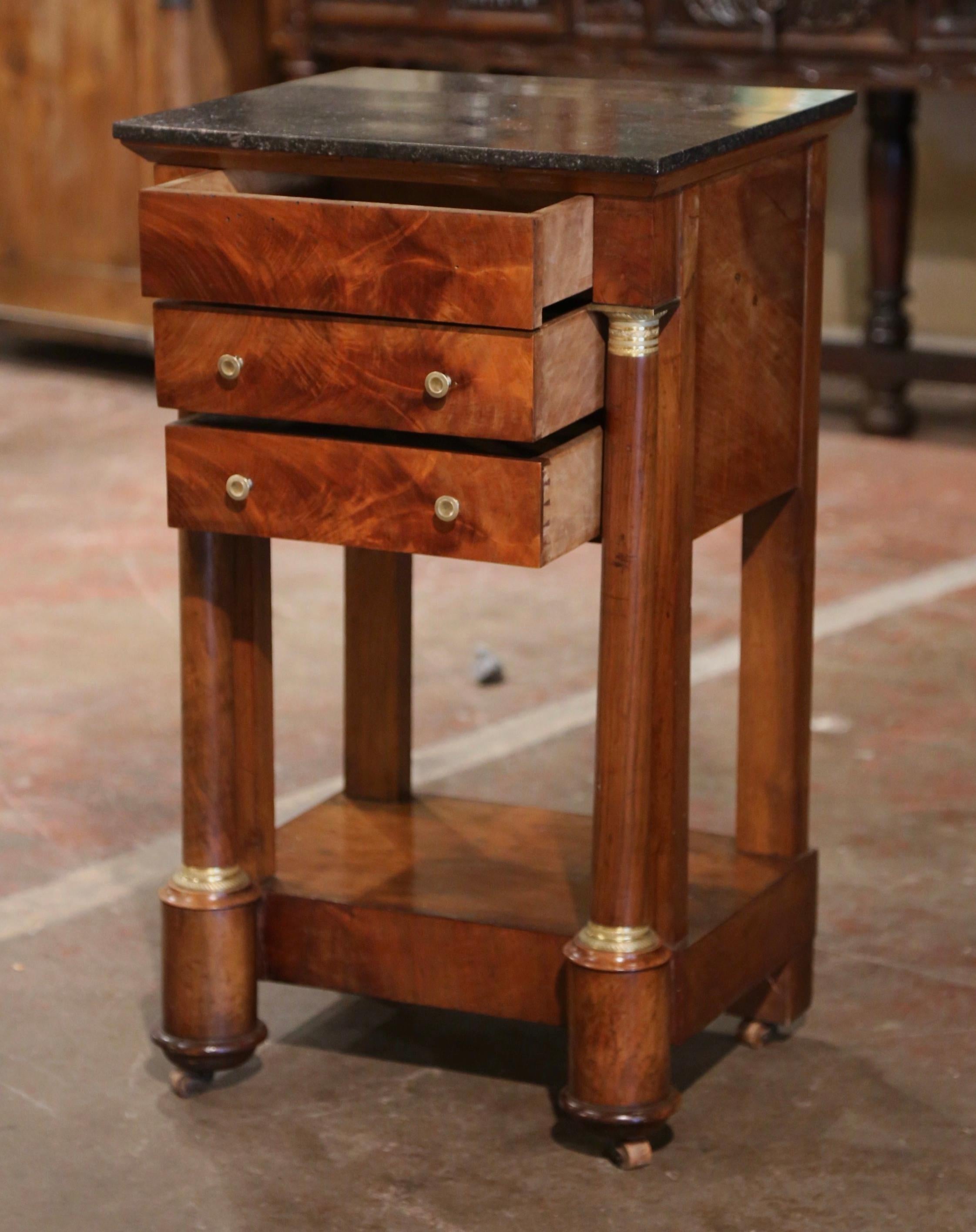 19th Century French Empire Marble Top Mahogany Bedside Table with Drawers 1
