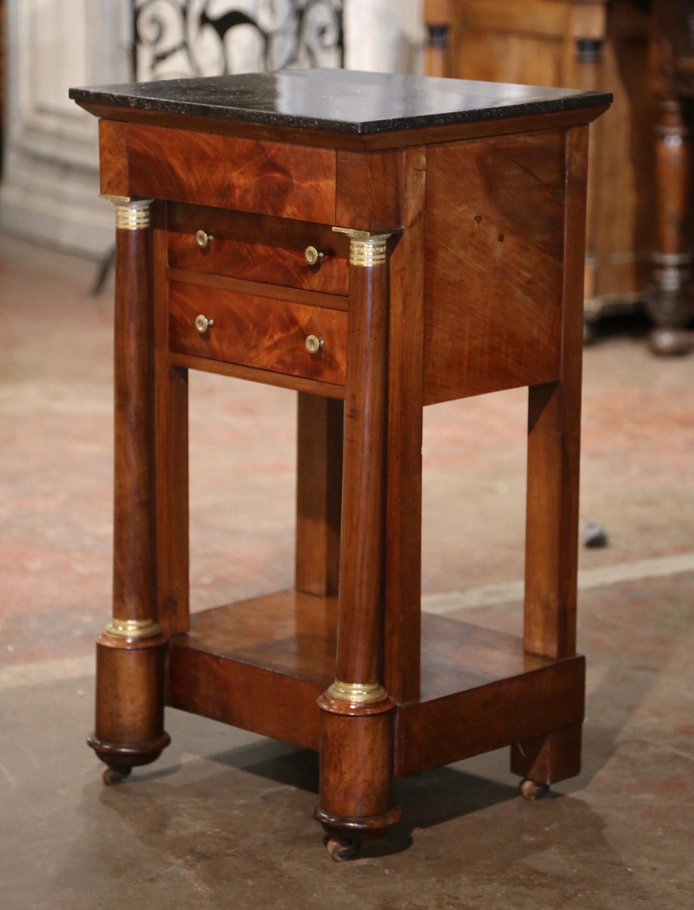 19th Century French Empire Marble Top Mahogany Bedside Table with Drawers 3