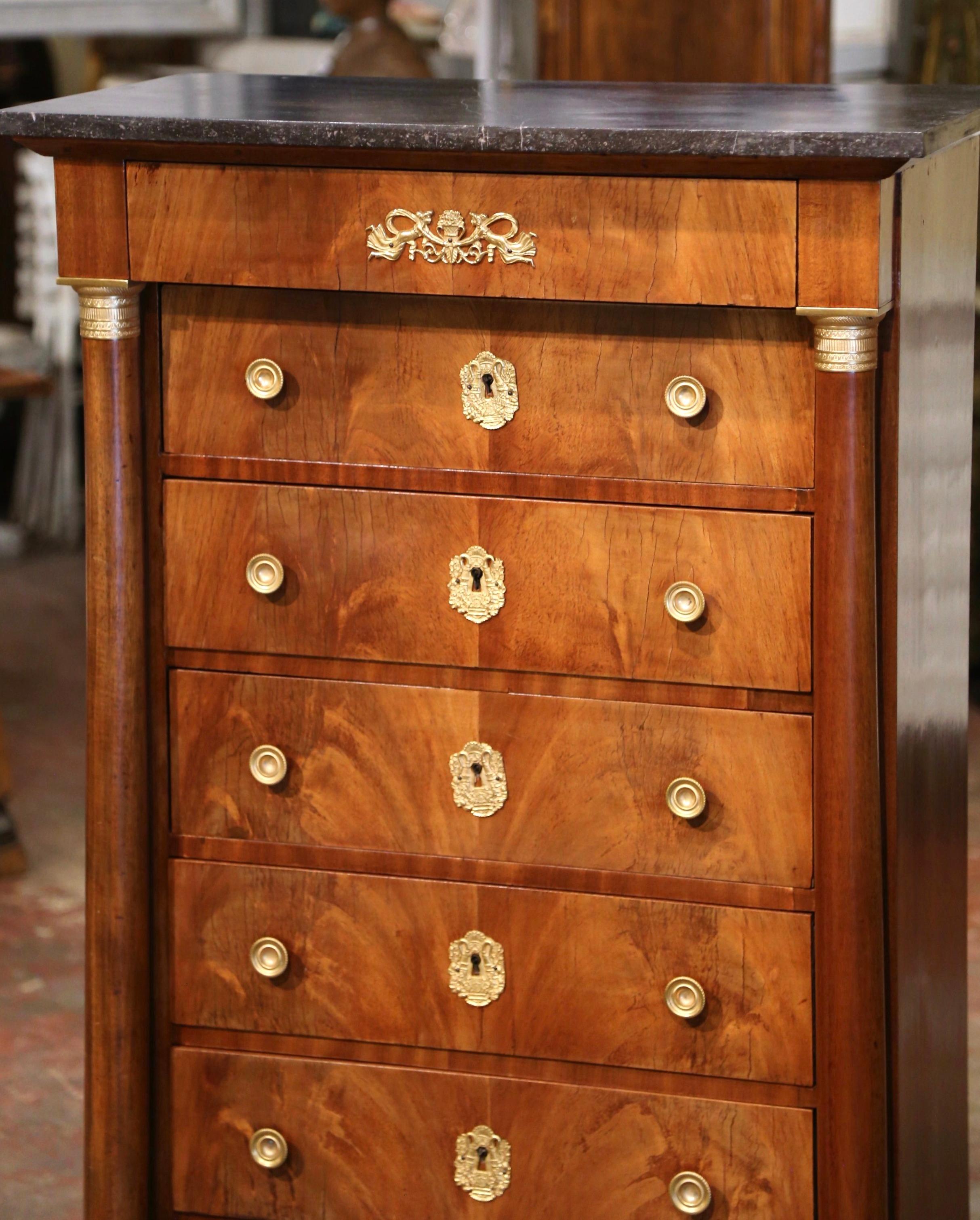 Hand-Carved 19th Century French Empire Marble Top Mahogany Semainier Chest of Drawers
