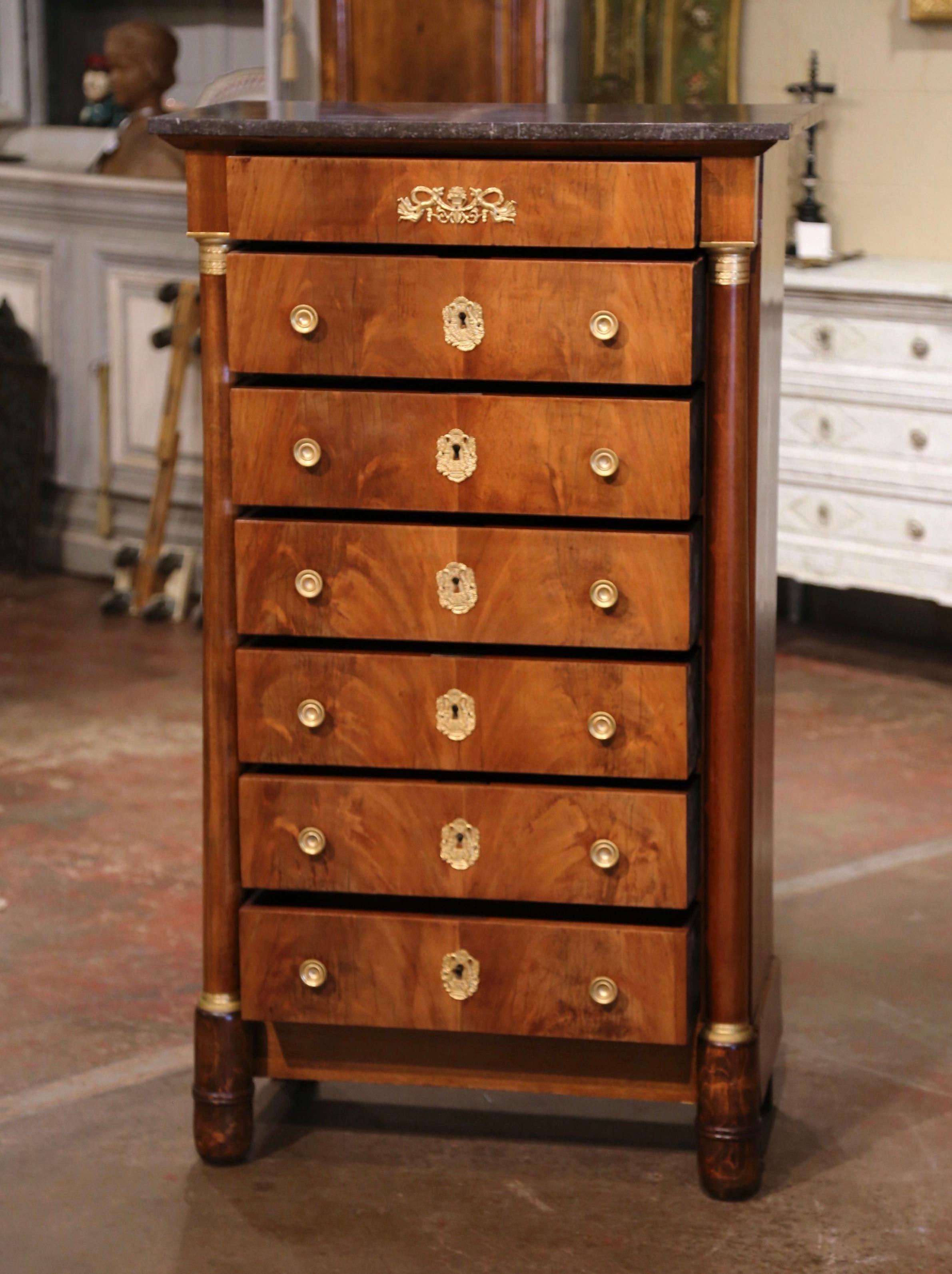 19th Century French Empire Marble Top Mahogany Semainier Chest of Drawers 4