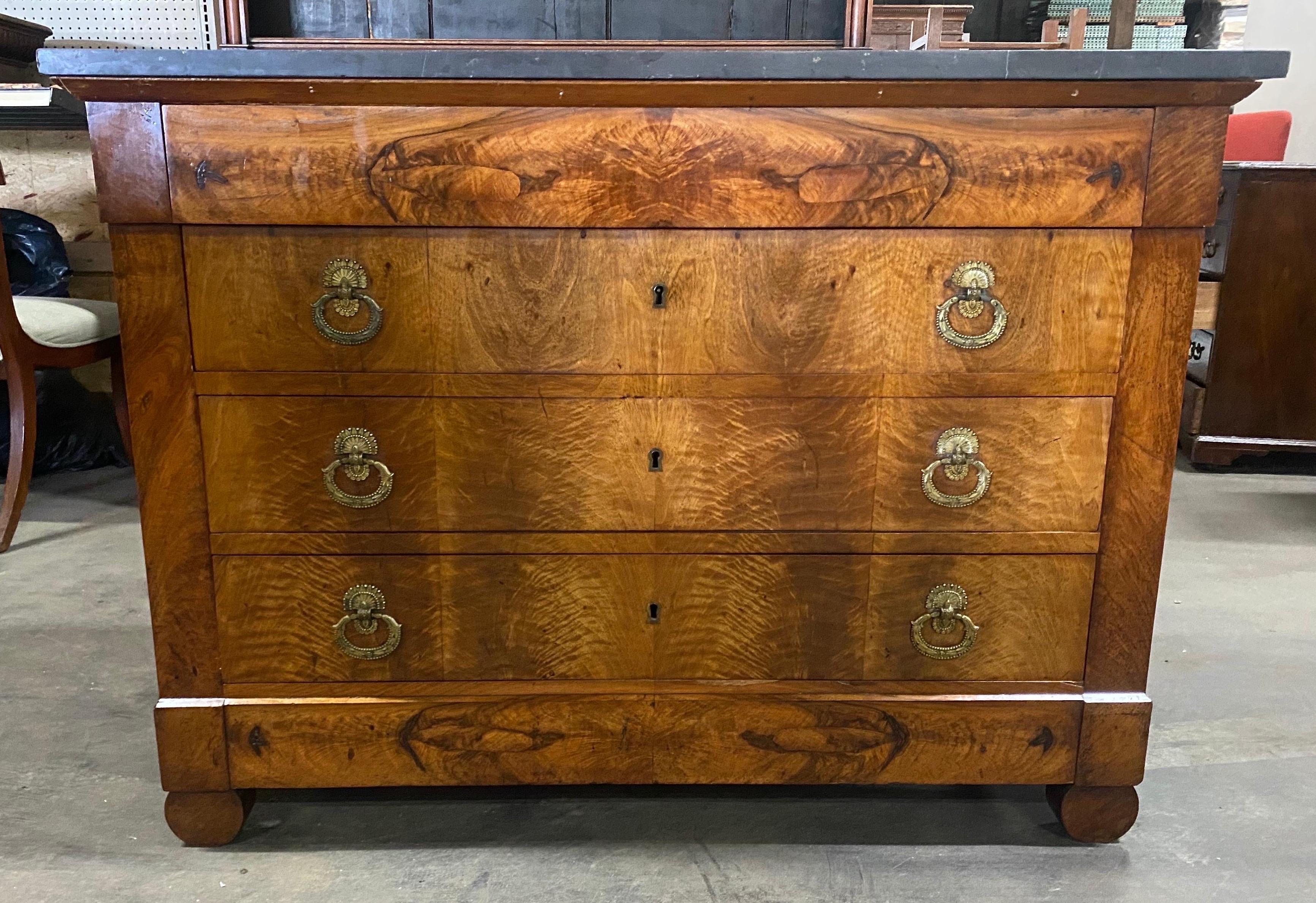 19th century French empire marble top walnut chest.