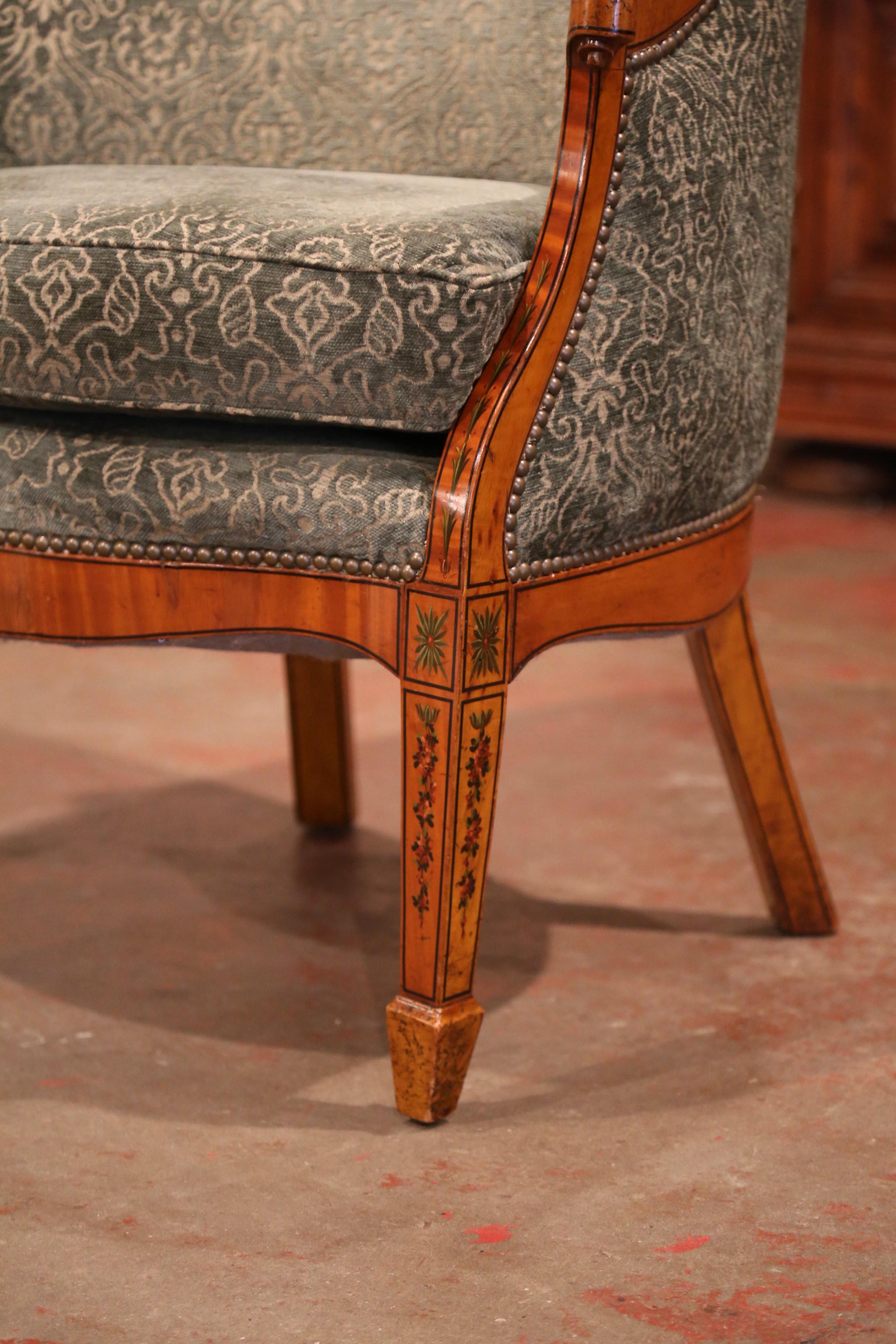 19th Century French Empire Marquetry Desk Armchair with Hand Painted Decor In Excellent Condition In Dallas, TX