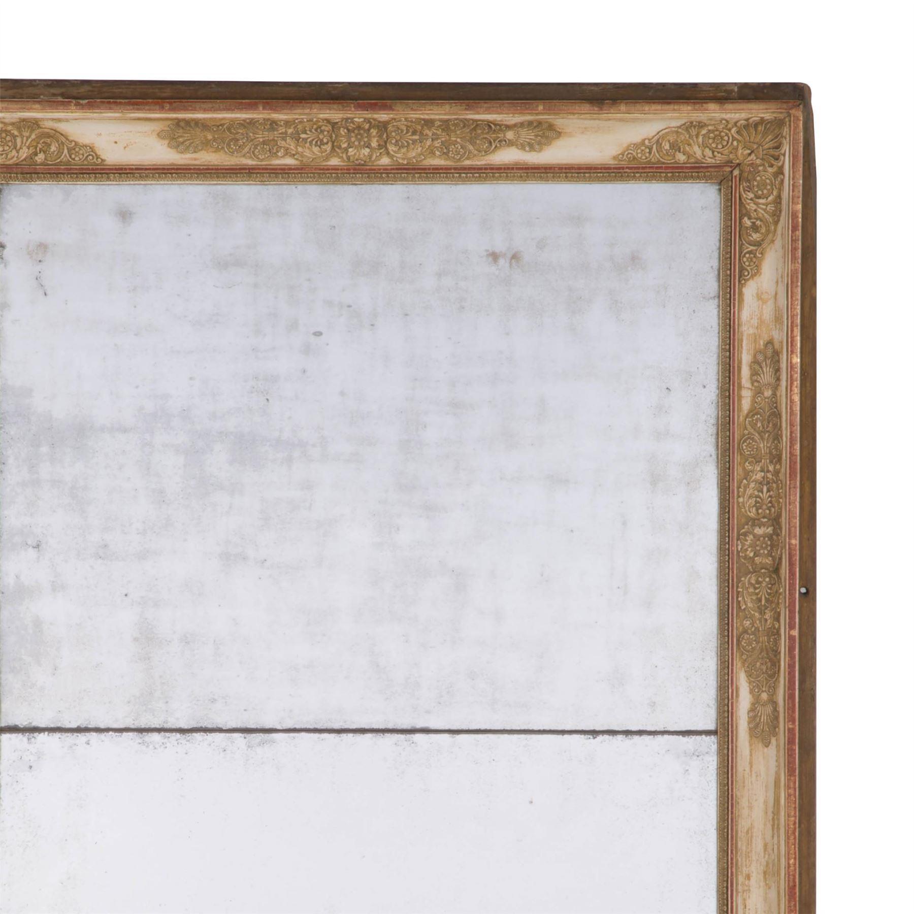19th century French Empire mirror with original split plate mercury glass, stripped to gesso.