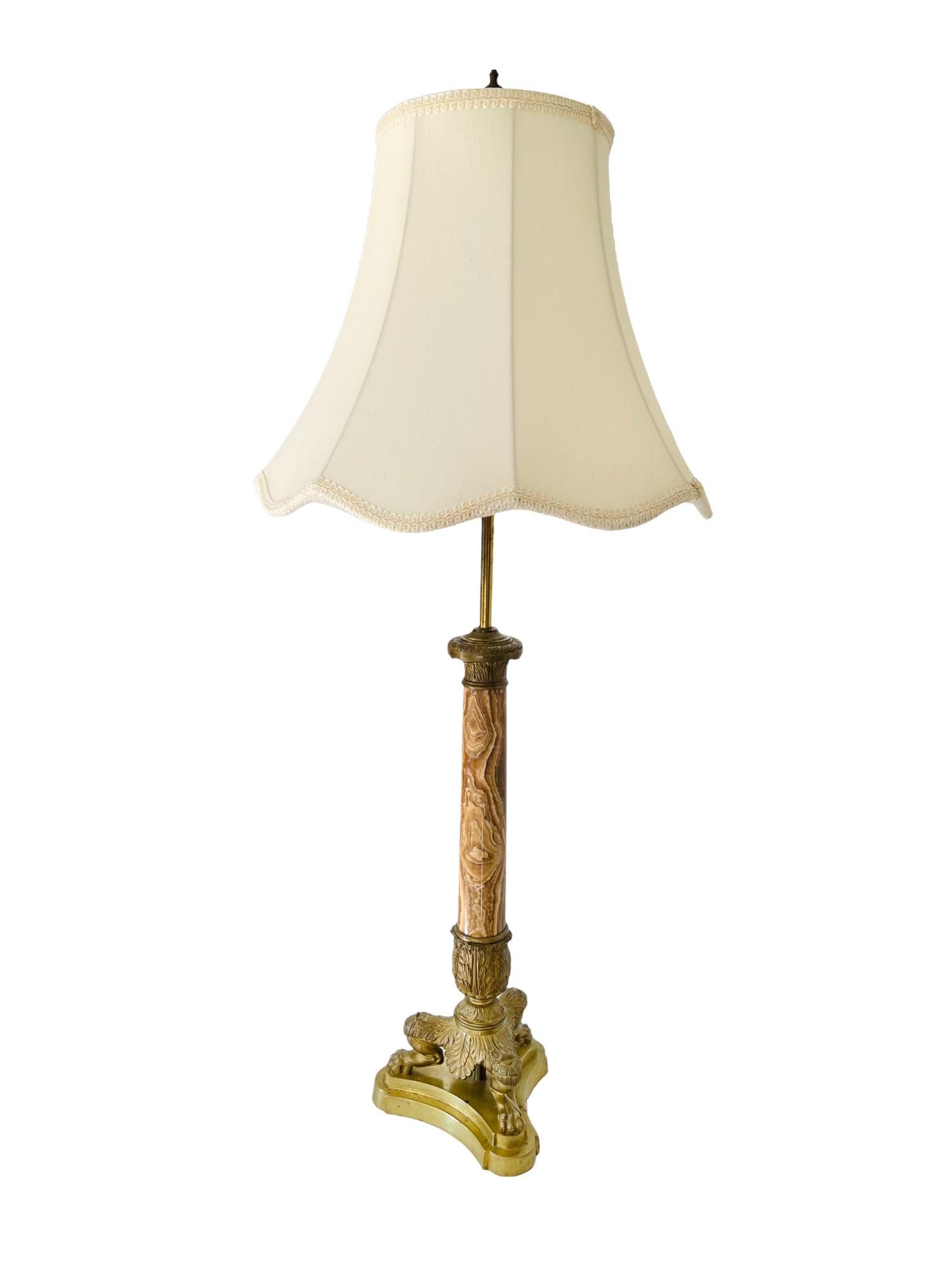 Cast 19th Century, French Empire Onyx & Brass Paw Footed Lamp For Sale