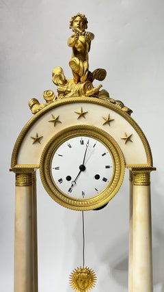 19th Century French Empire  Ormolu Bronze and White Marble Portico Clock