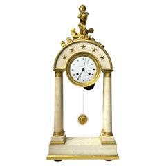 19th Century French Empire  Ormolu Bronze and White Marble Portico Clock