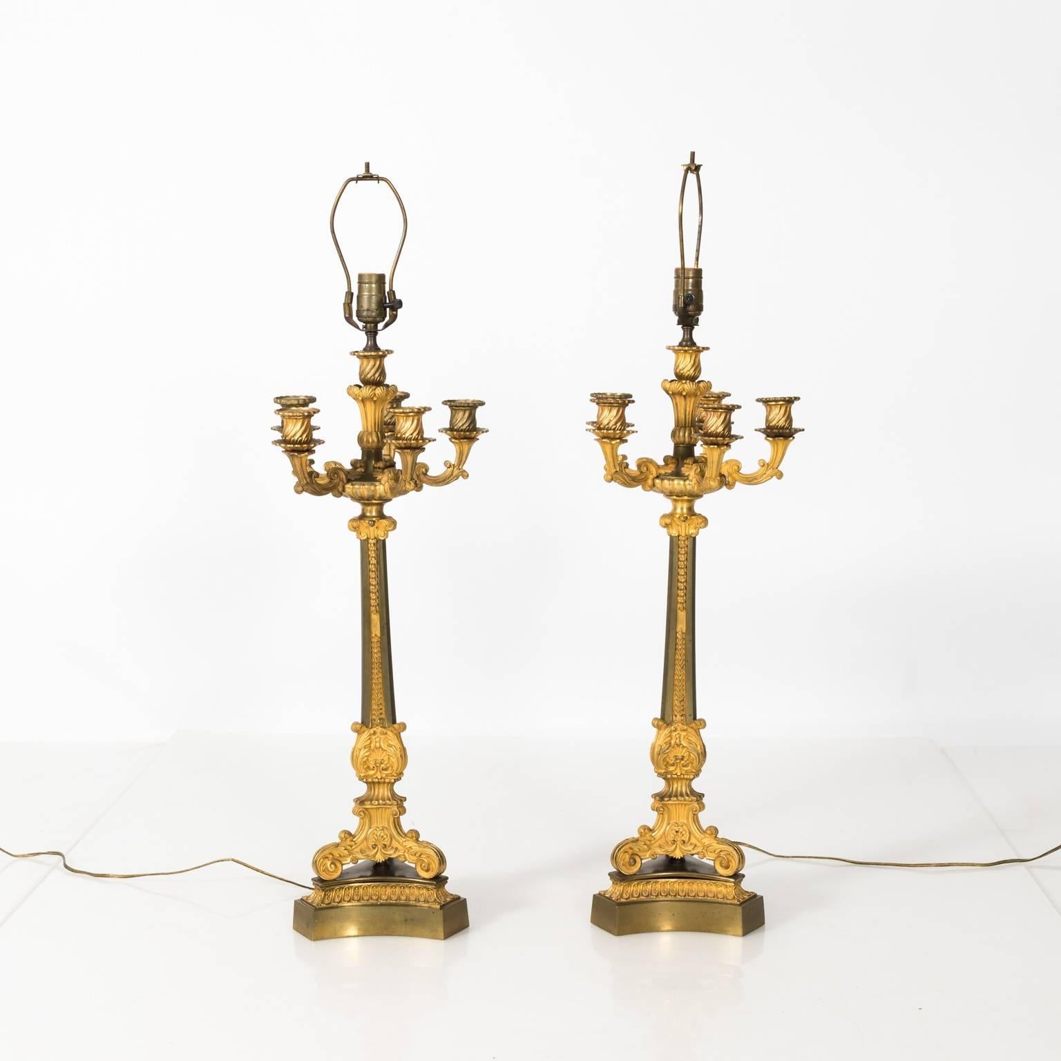 19th Century French Empire Ormolu Bronze Candelabra Lamps In Good Condition In Stamford, CT