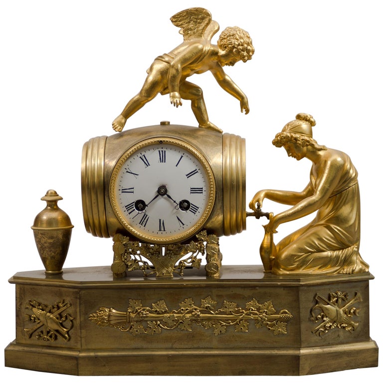 19th Century French Empire Ormolu Bronze Mantel Clock "Pouring Wine