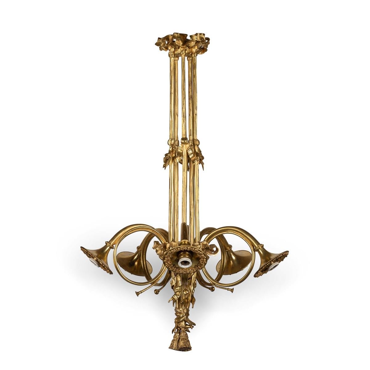 Antique 19th Century French Empire style ormolu bronze chandelier fitted with an allegory of trumpets. The item has been converted to accommodate modern day lightbulbs. 

CONDITION
Wear consistent with age, please see attached photographs for