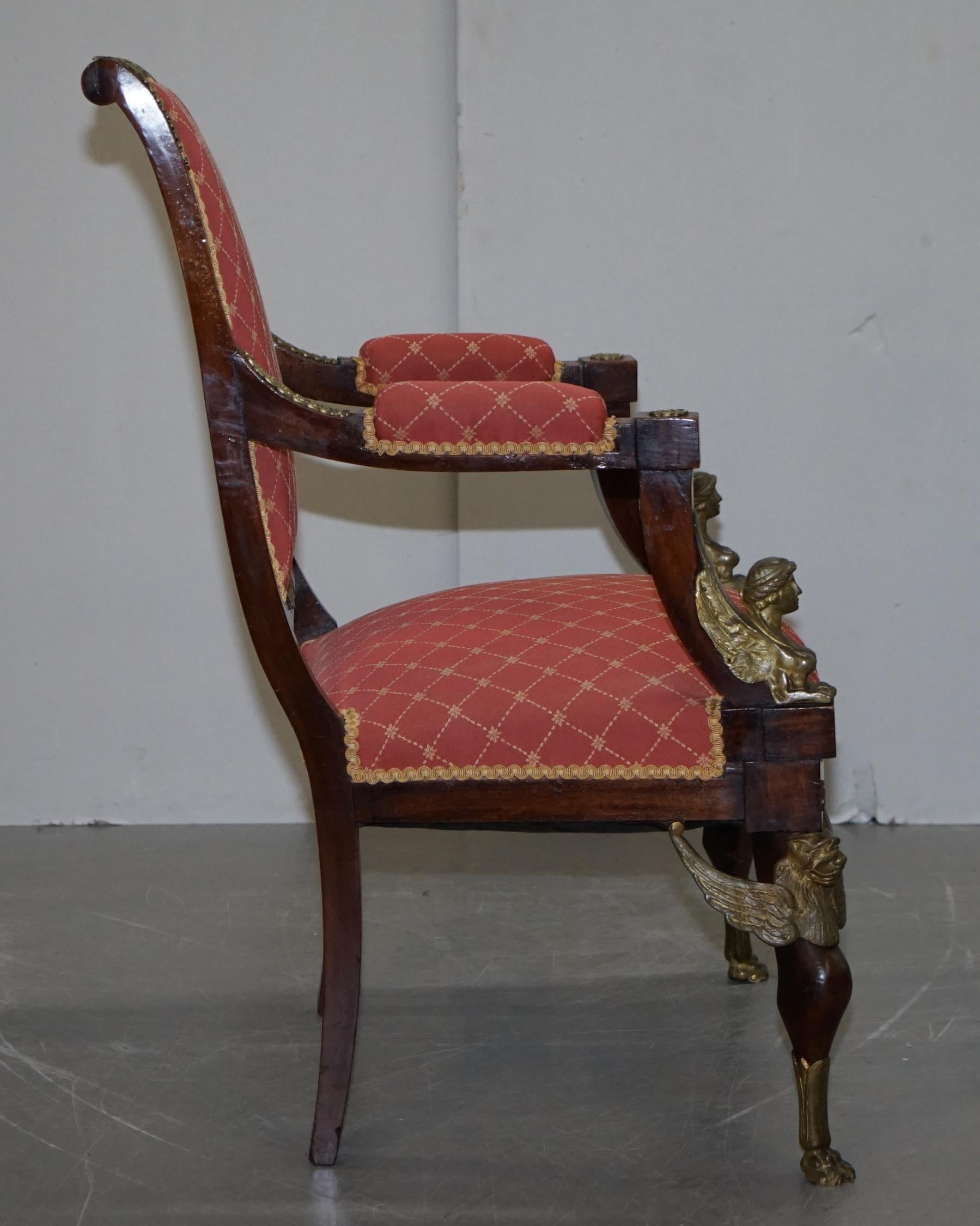 19th Century French Empire Ormolu Sphinx Egyptian Hardwood Suite Sofa Armchairs For Sale 4