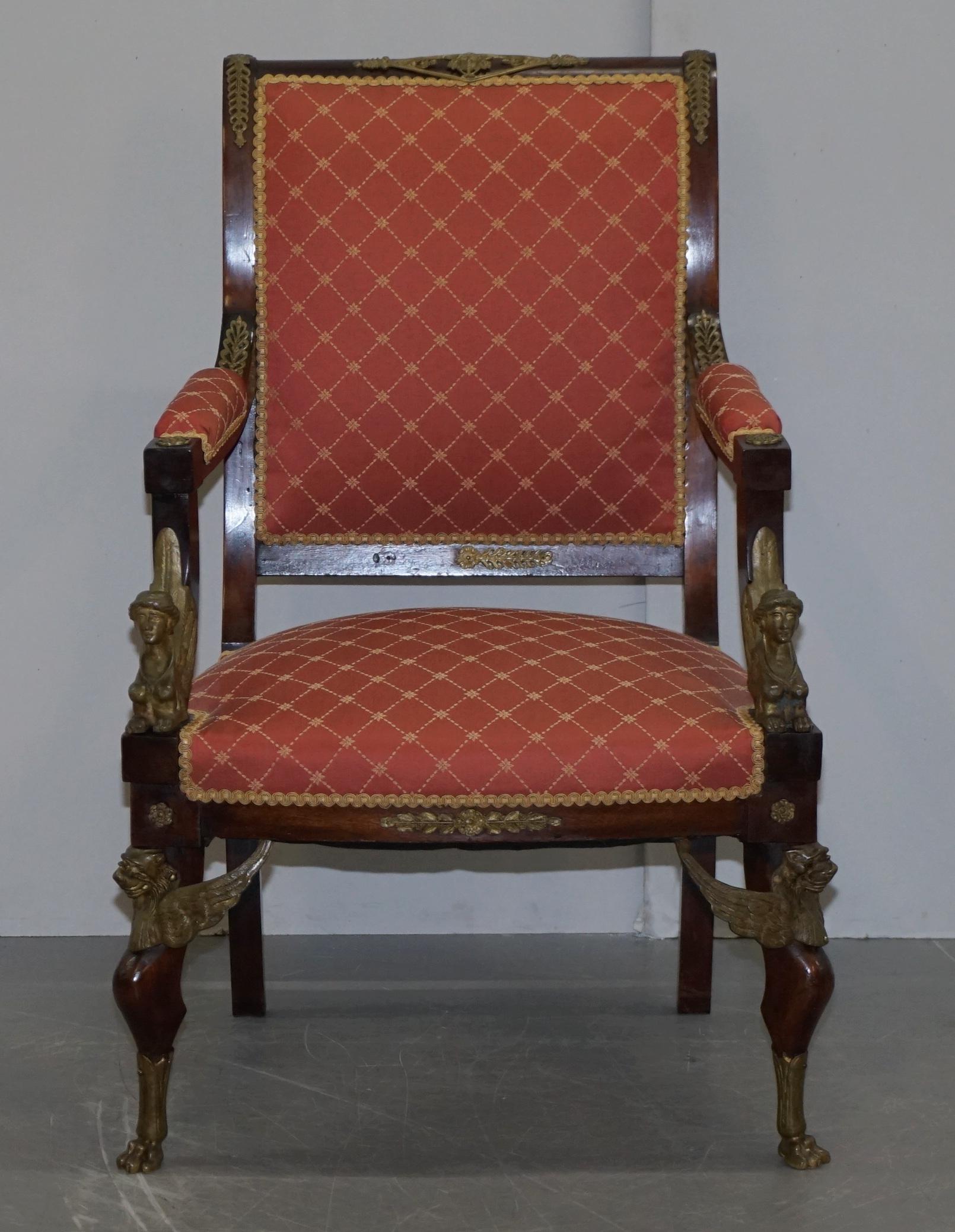 19th Century French Empire Ormolu Sphinx Egyptian Hardwood Suite Sofa Armchairs For Sale 8
