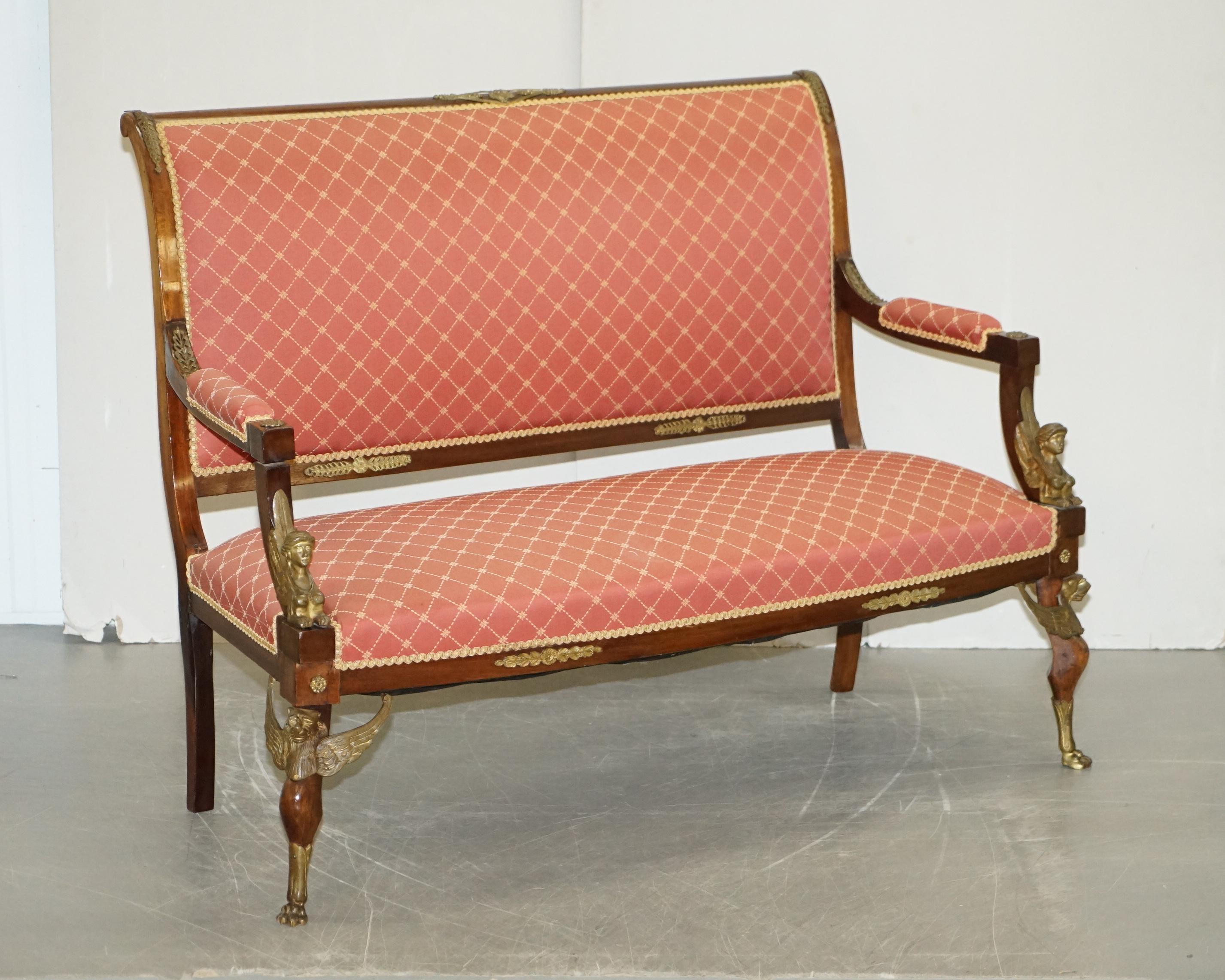19th Century French Empire Ormolu Sphinx Egyptian Hardwood Suite Sofa Armchairs For Sale 9