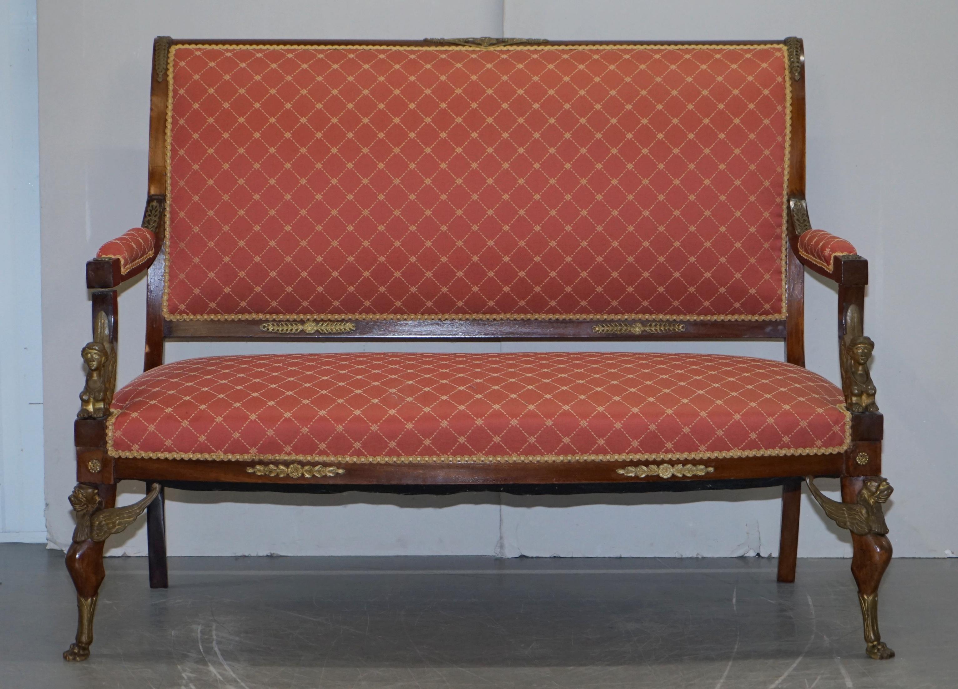 19th Century French Empire Ormolu Sphinx Egyptian Hardwood Suite Sofa Armchairs For Sale 10
