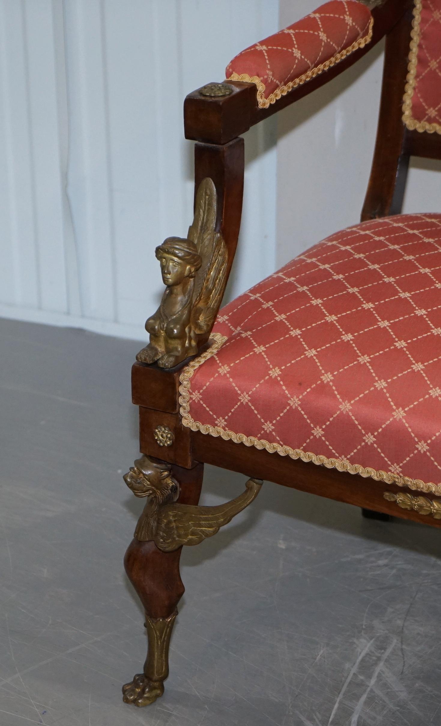 19th Century French Empire Ormolu Sphinx Egyptian Hardwood Suite Sofa Armchairs For Sale 11
