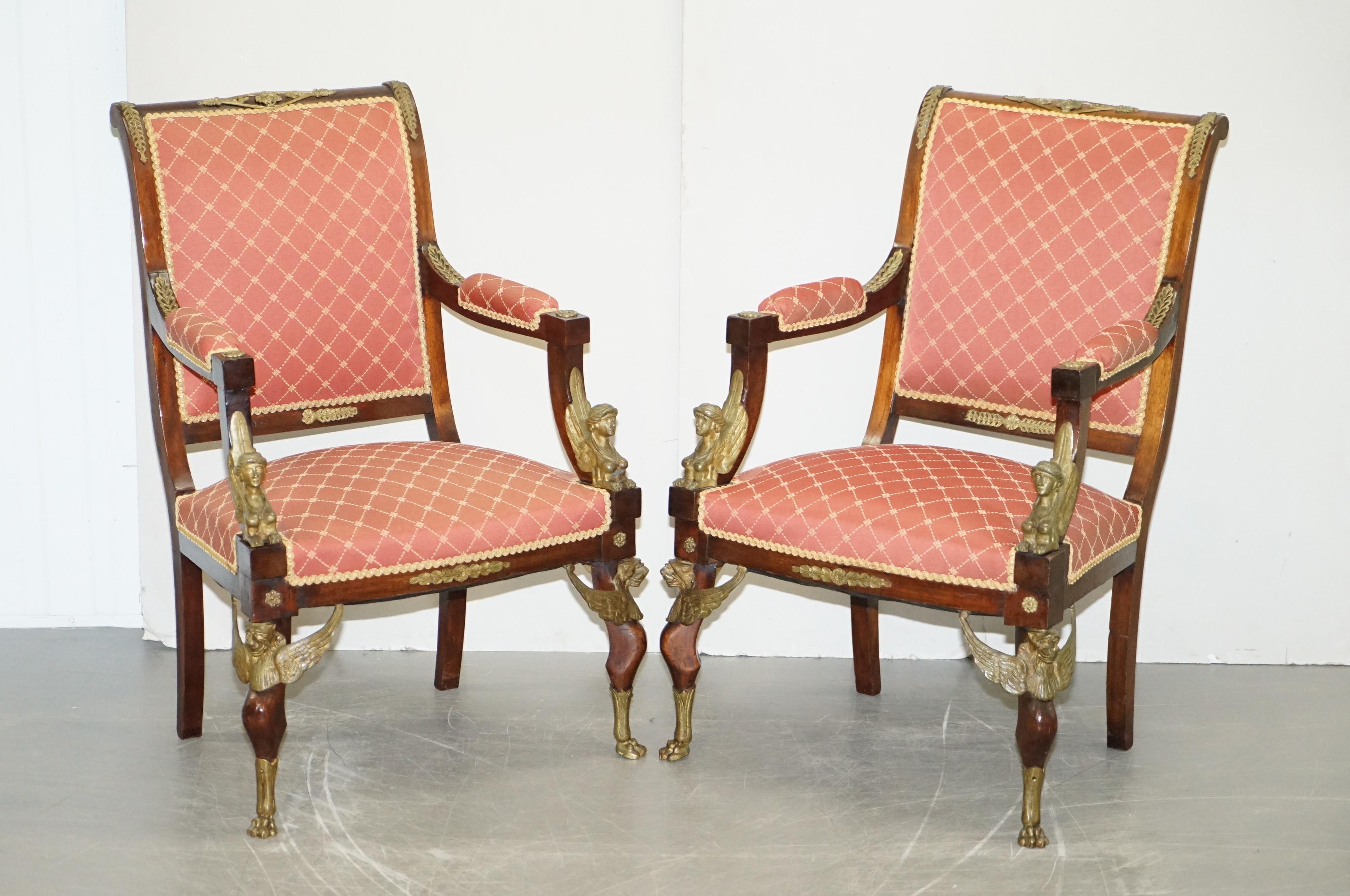 We are delighted to this very decorative collectable suite of mahogany with ornate Sphinx & Griffon ormolu mounted French Empire Egyptian revival salon seating

A very good looking and decorative suite. These are period mid 19th century examples