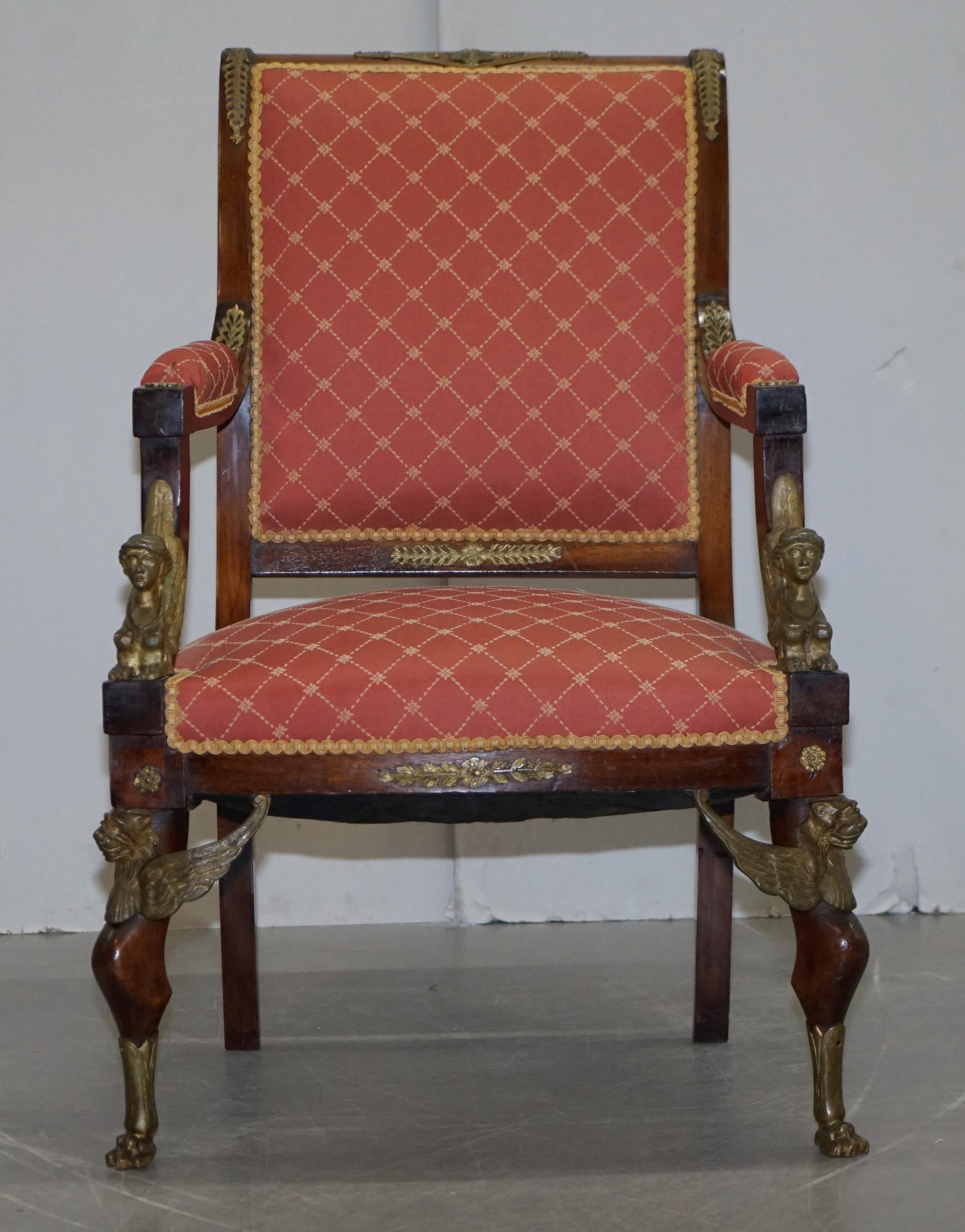 Hand-Crafted 19th Century French Empire Ormolu Sphinx Egyptian Hardwood Suite Sofa Armchairs For Sale