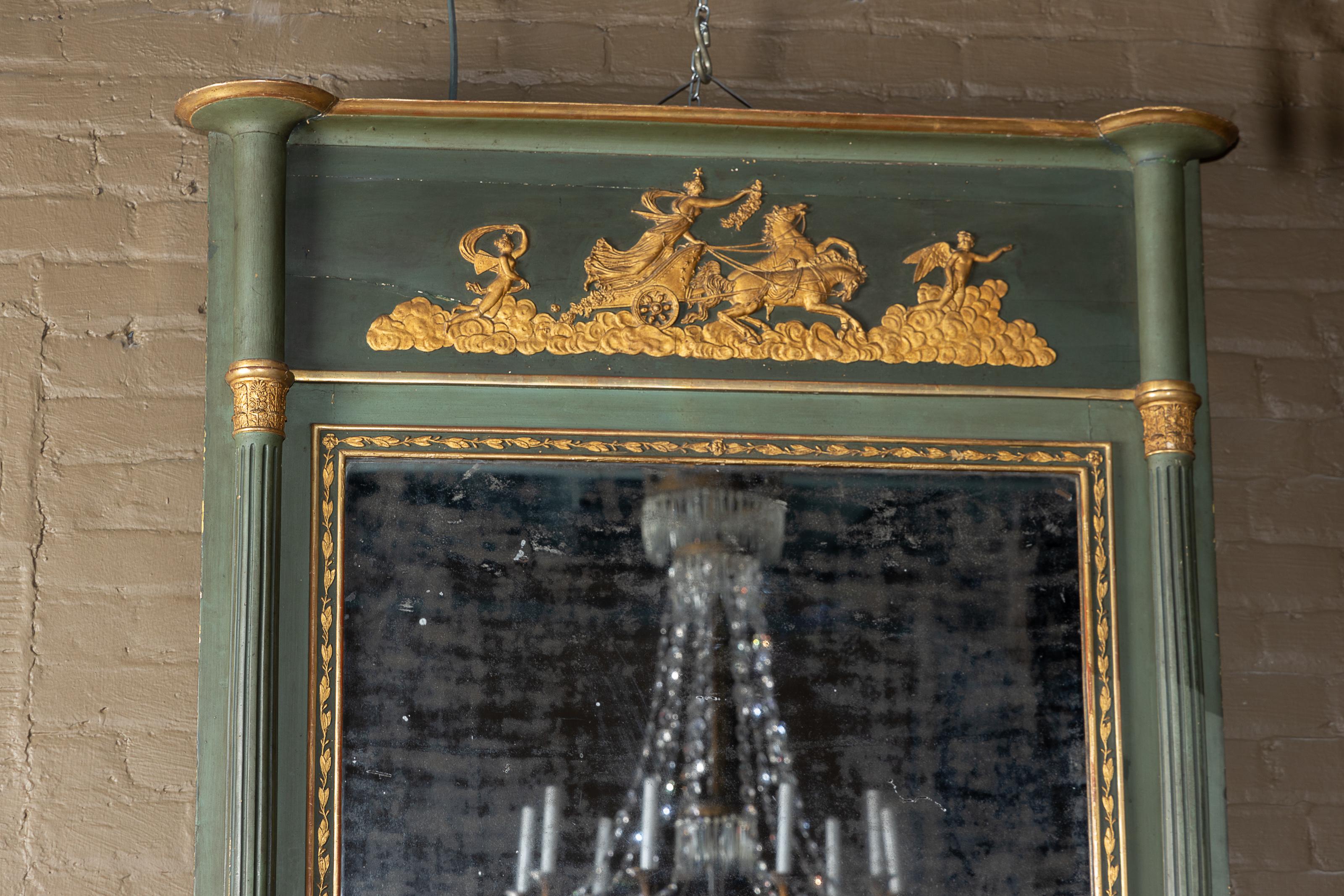 Gold Leaf 19th Century French Empire Painted Green and Gilded Mirror For Sale