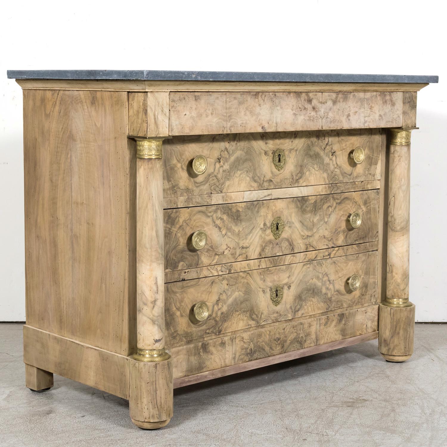 Brass 19th Century French Empire Period Bleached Walnut Commode with Marble Top  For Sale
