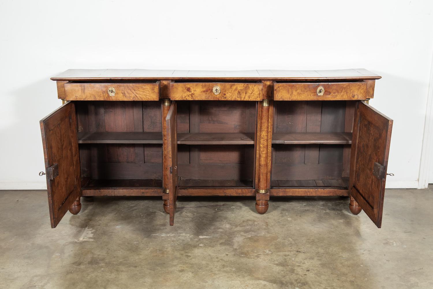 Early 19th Century 19th Century French Empire Period Burled Chestnut Enfilade Buffet