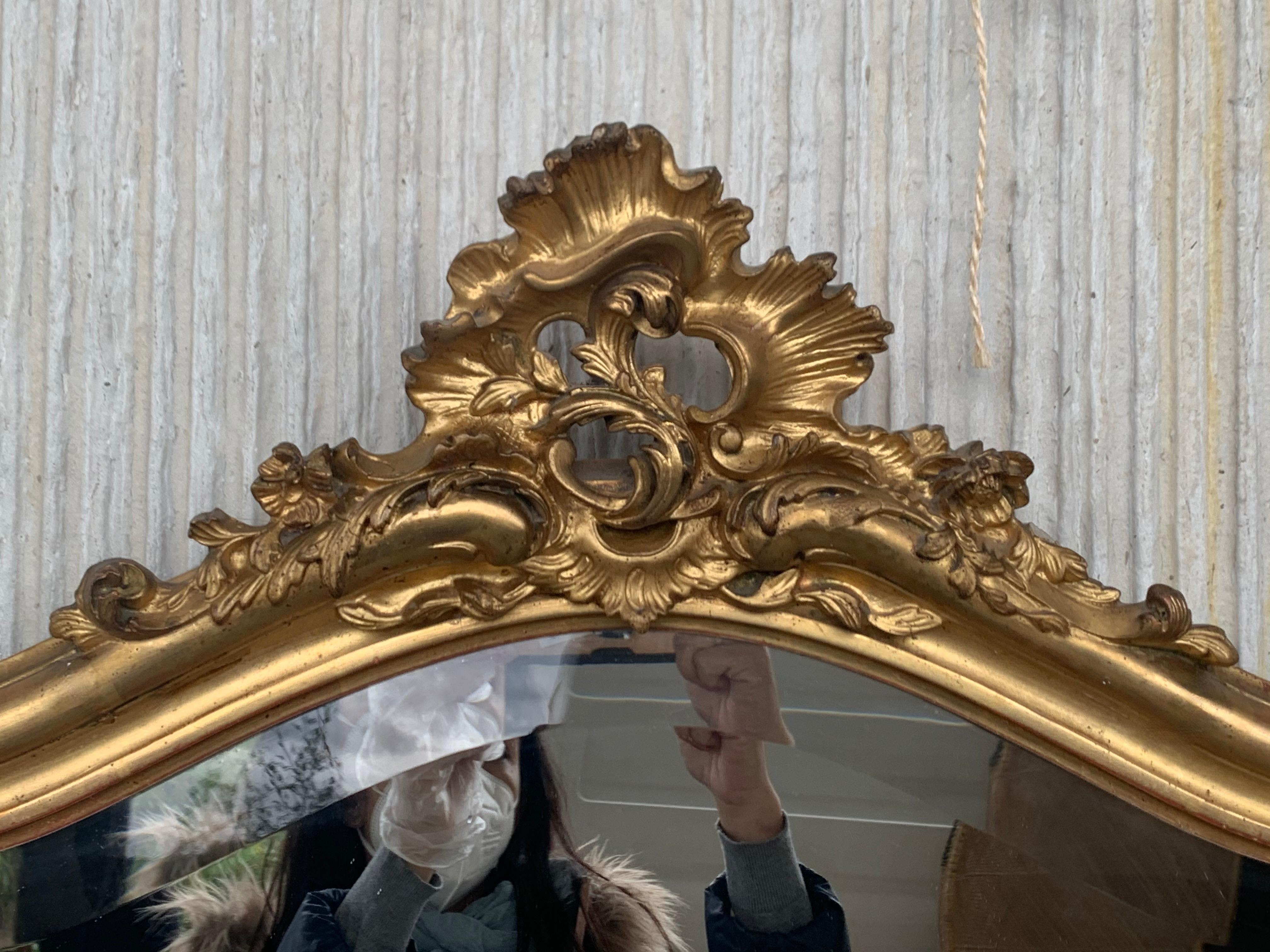 Hand-Carved 19th Century French Empire Period Carved Giltwood Rectangular Mirror with Crest