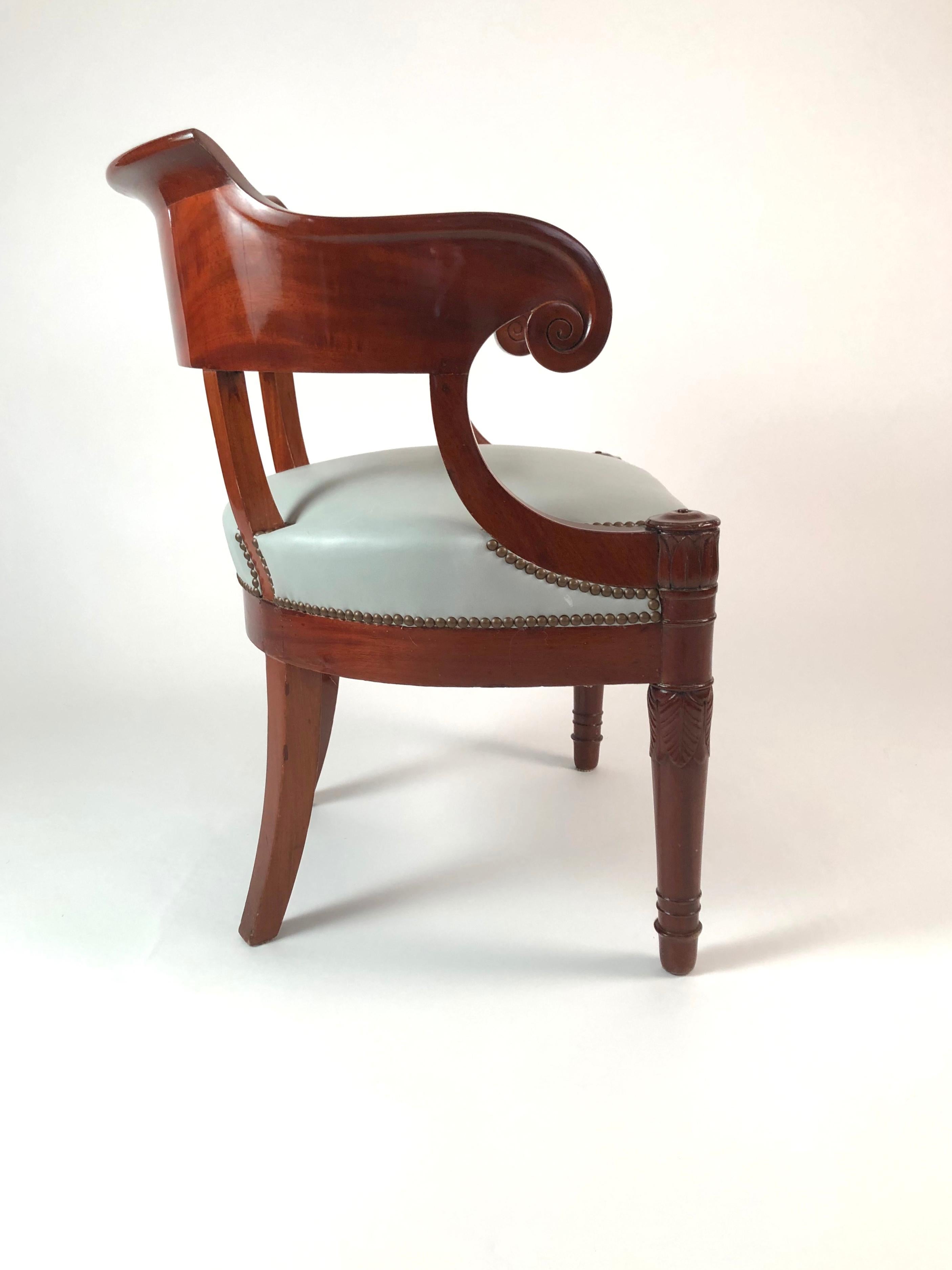 Hand-Carved 19th Century French Empire Period Mahogany Armchair with Celadon Leather Seat