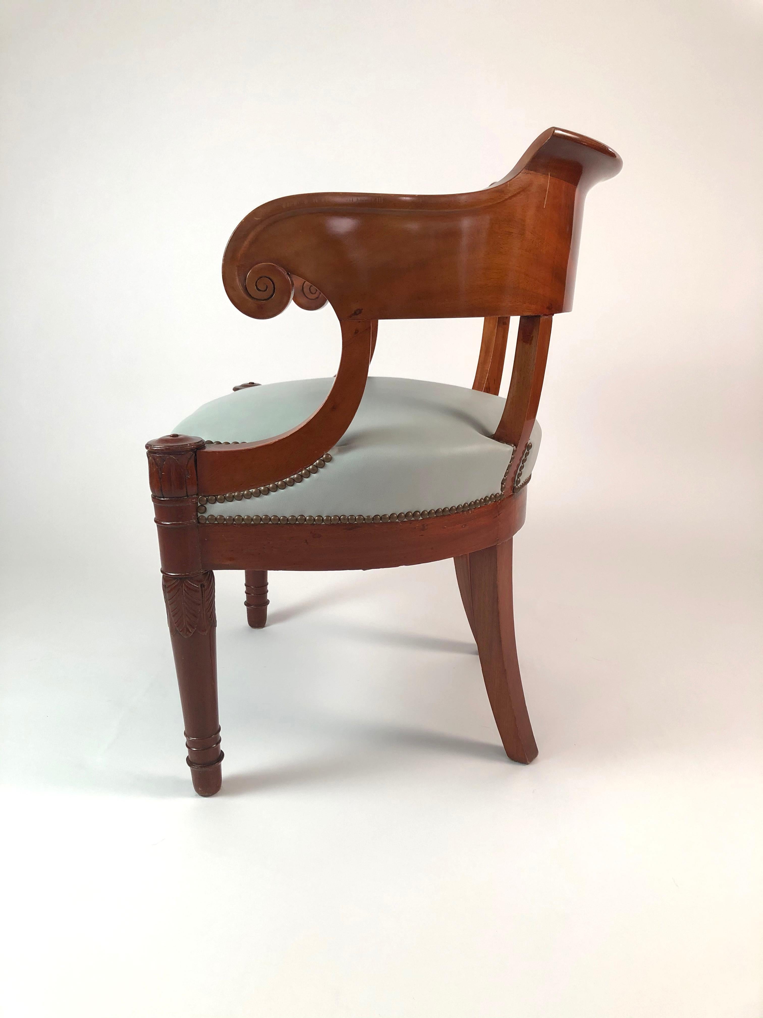 19th Century French Empire Period Mahogany Armchair with Celadon Leather Seat In Good Condition In Essex, MA