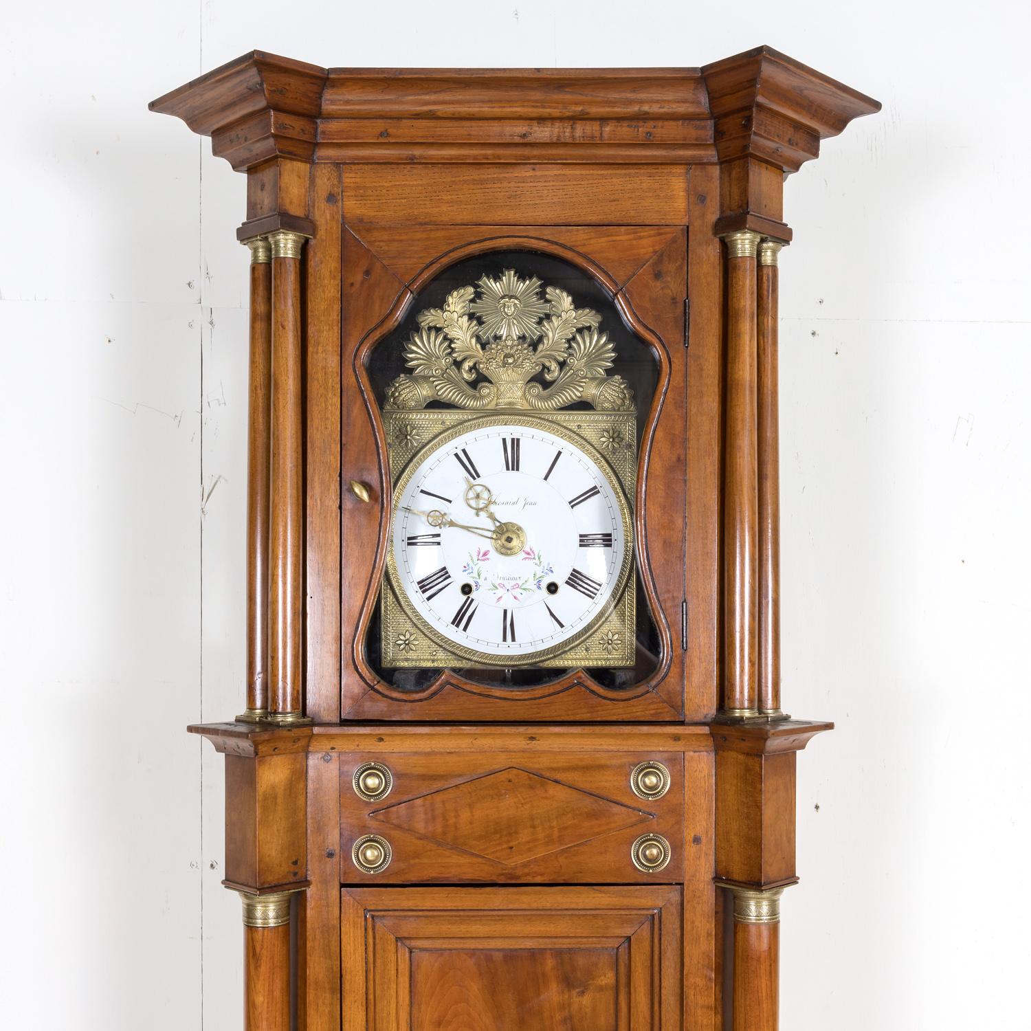 Hand-Painted 19th Century French Empire Period Walnut Eight-Day Comtoise Longcase Clock For Sale