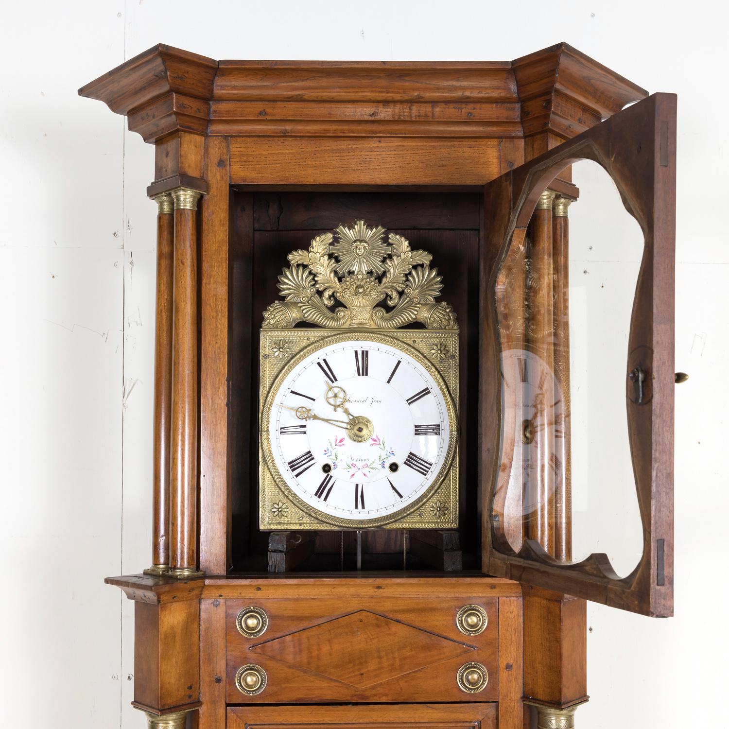 Early 19th Century 19th Century French Empire Period Walnut Eight-Day Comtoise Longcase Clock For Sale