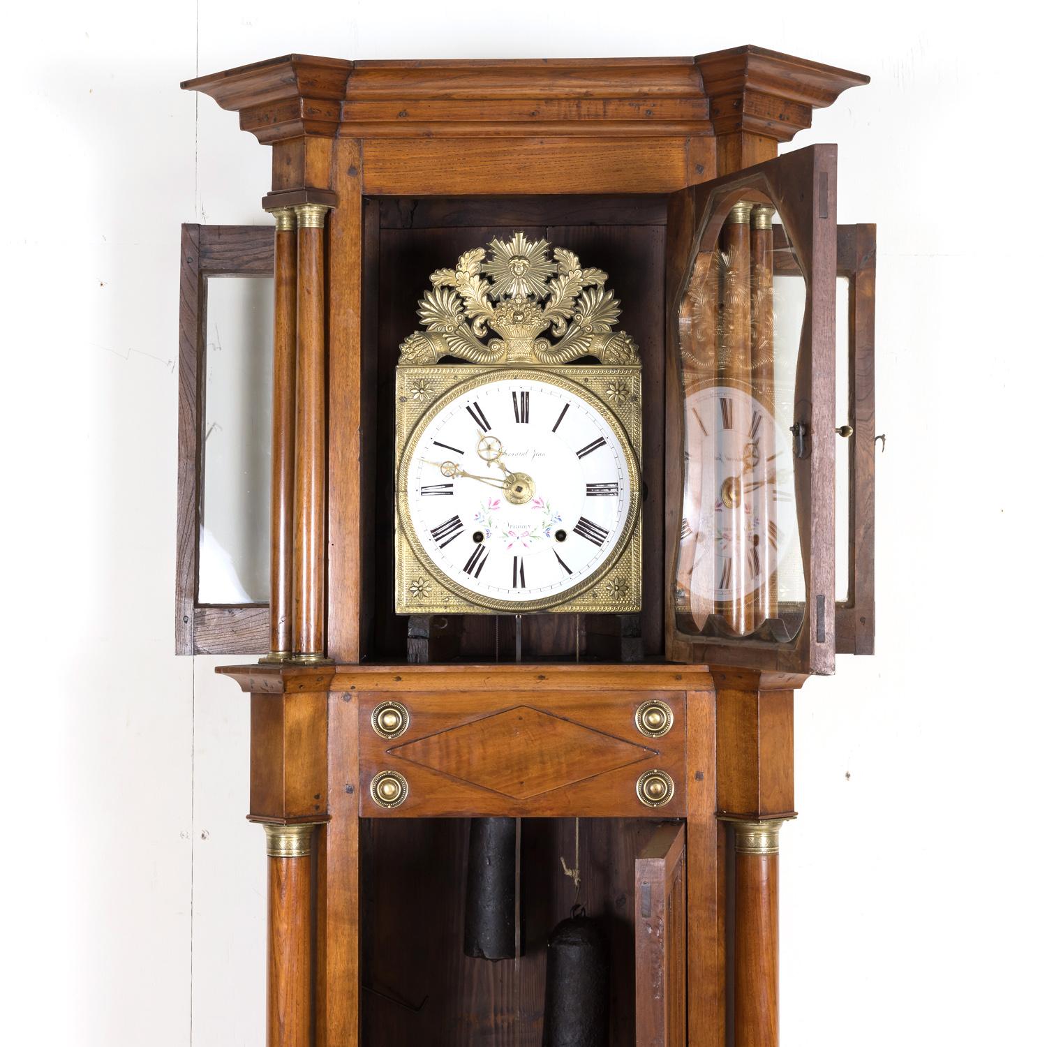 Bronze 19th Century French Empire Period Walnut Eight-Day Comtoise Longcase Clock For Sale