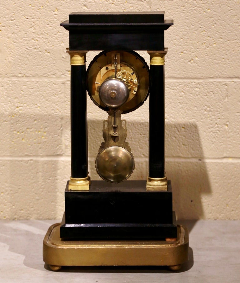 19th Century French Empire Portico Mantel Clock in Original Glass Dome For Sale 5