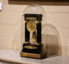 19th Century French Empire Portico Mantel Clock in Original Glass Dome