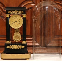 19th Century French Empire Portico Mantel Clock in Original Glass Dome