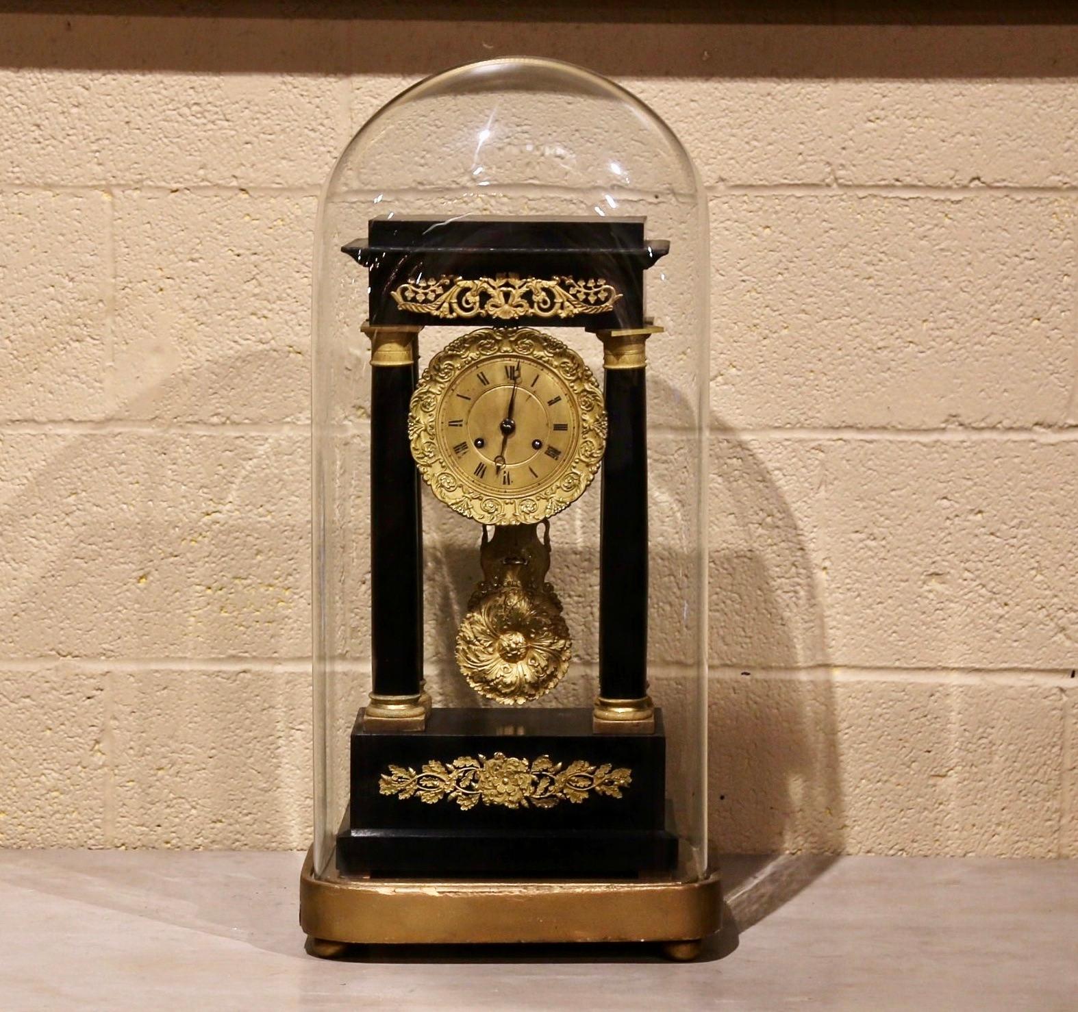 Gilt 19th Century French Empire Portico Mantel Clock in Original Glass Dome